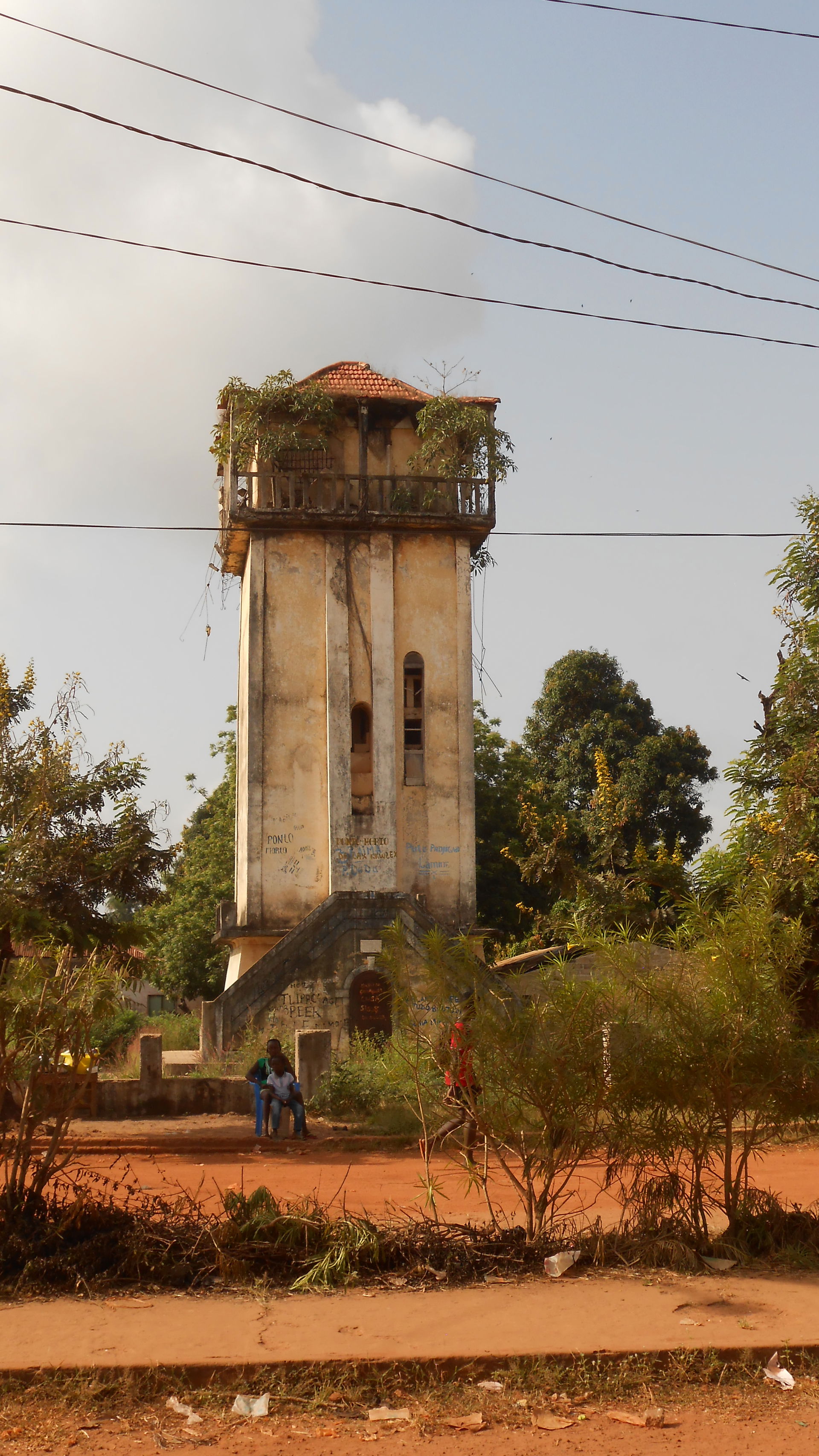 Colonial water tower in the town centre of Canchungo, today out…
