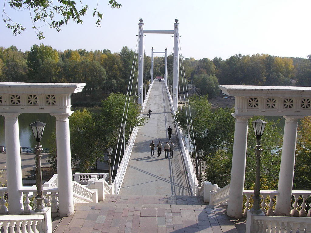 Old bridge over the Ural River — in Orenburg, Russia.Ural's bri…