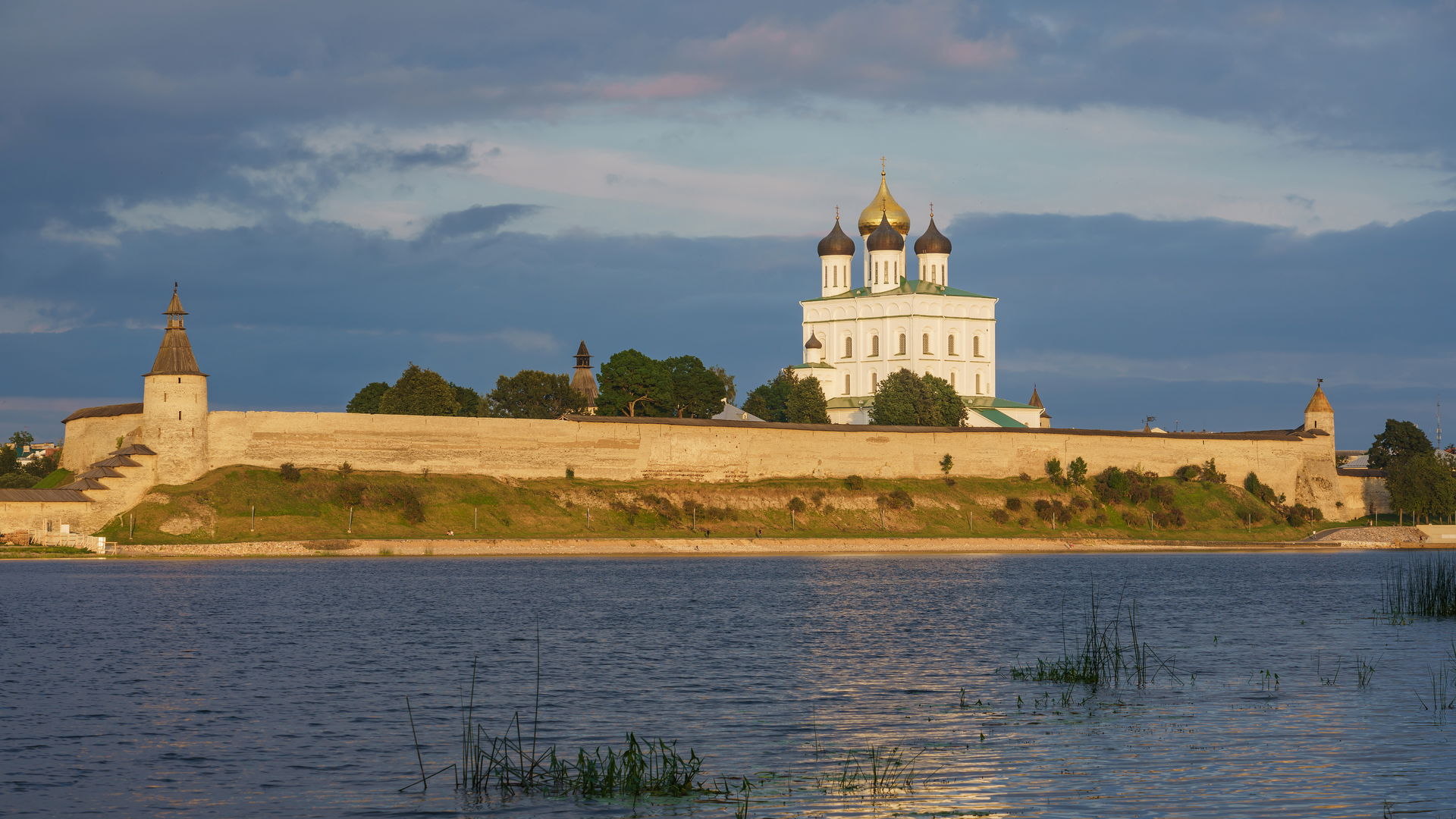 View of the Kremlin before sunset in Pskov, Russia