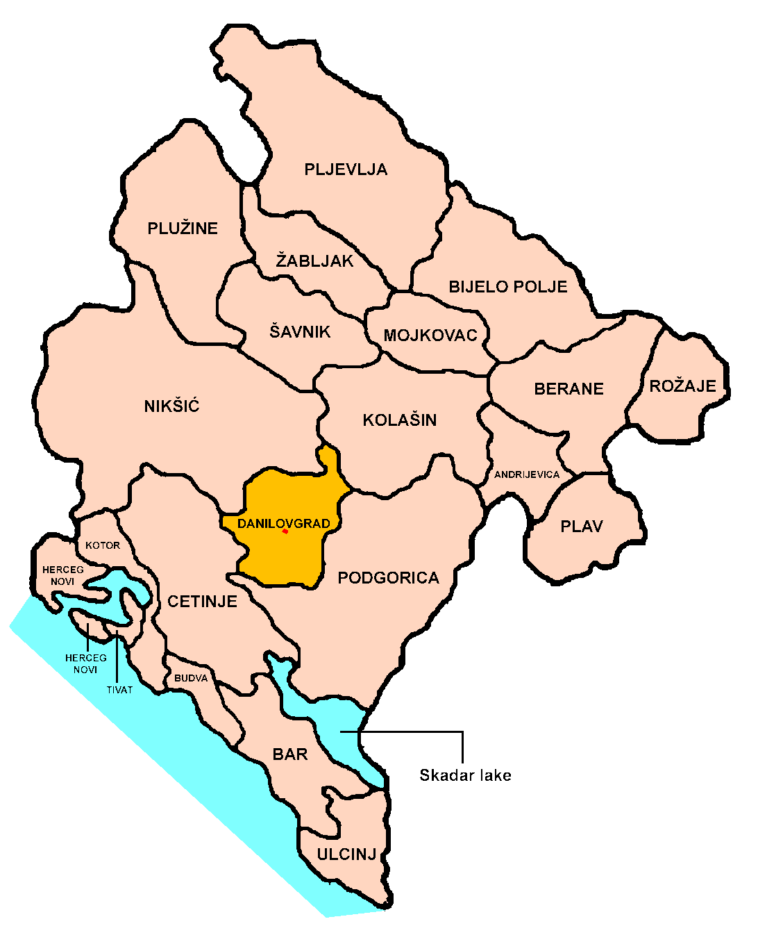 Location of Danilovgrad town and municipality within Montenegro