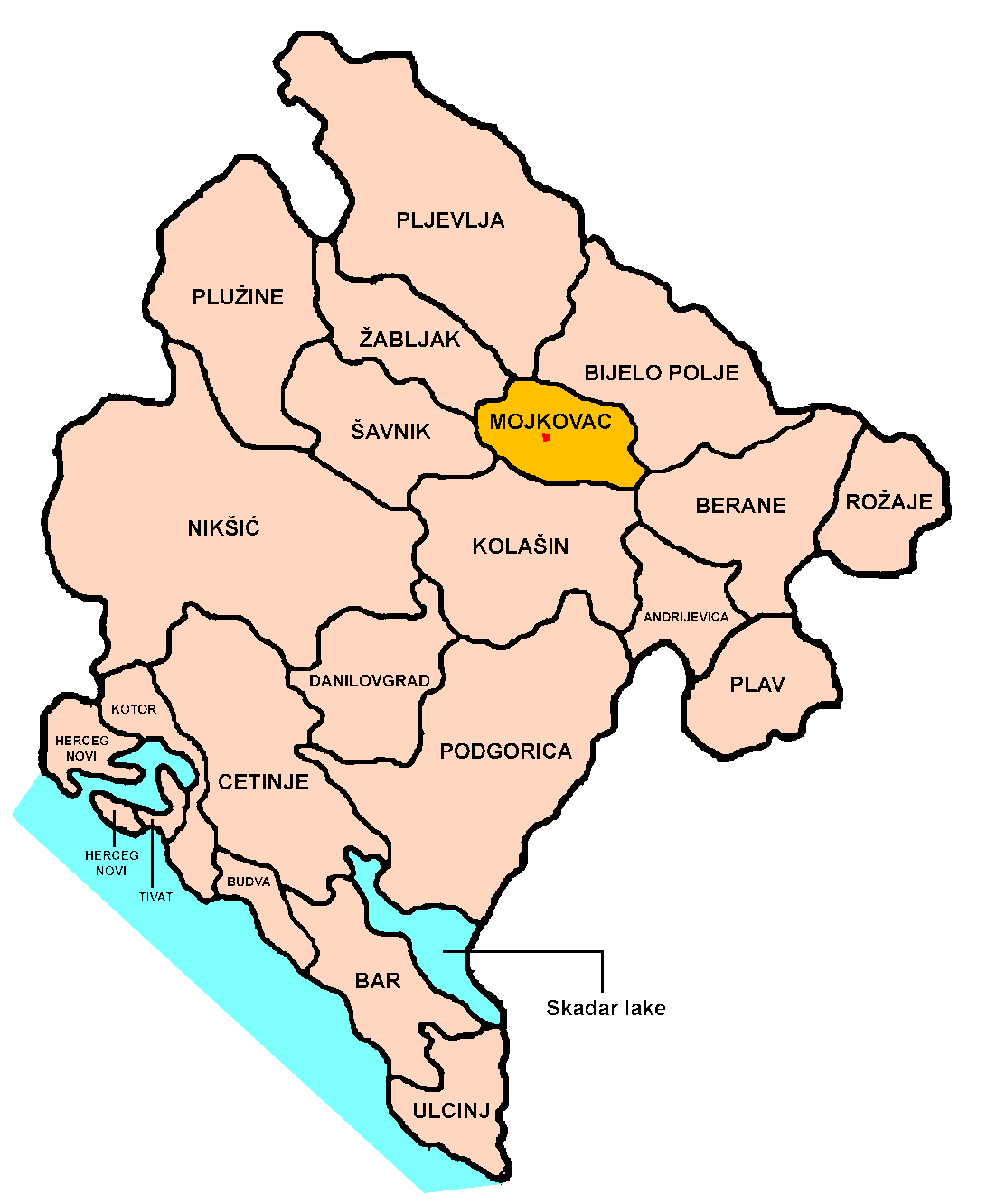 Location of Mojkovac town and municipality within Montenegro