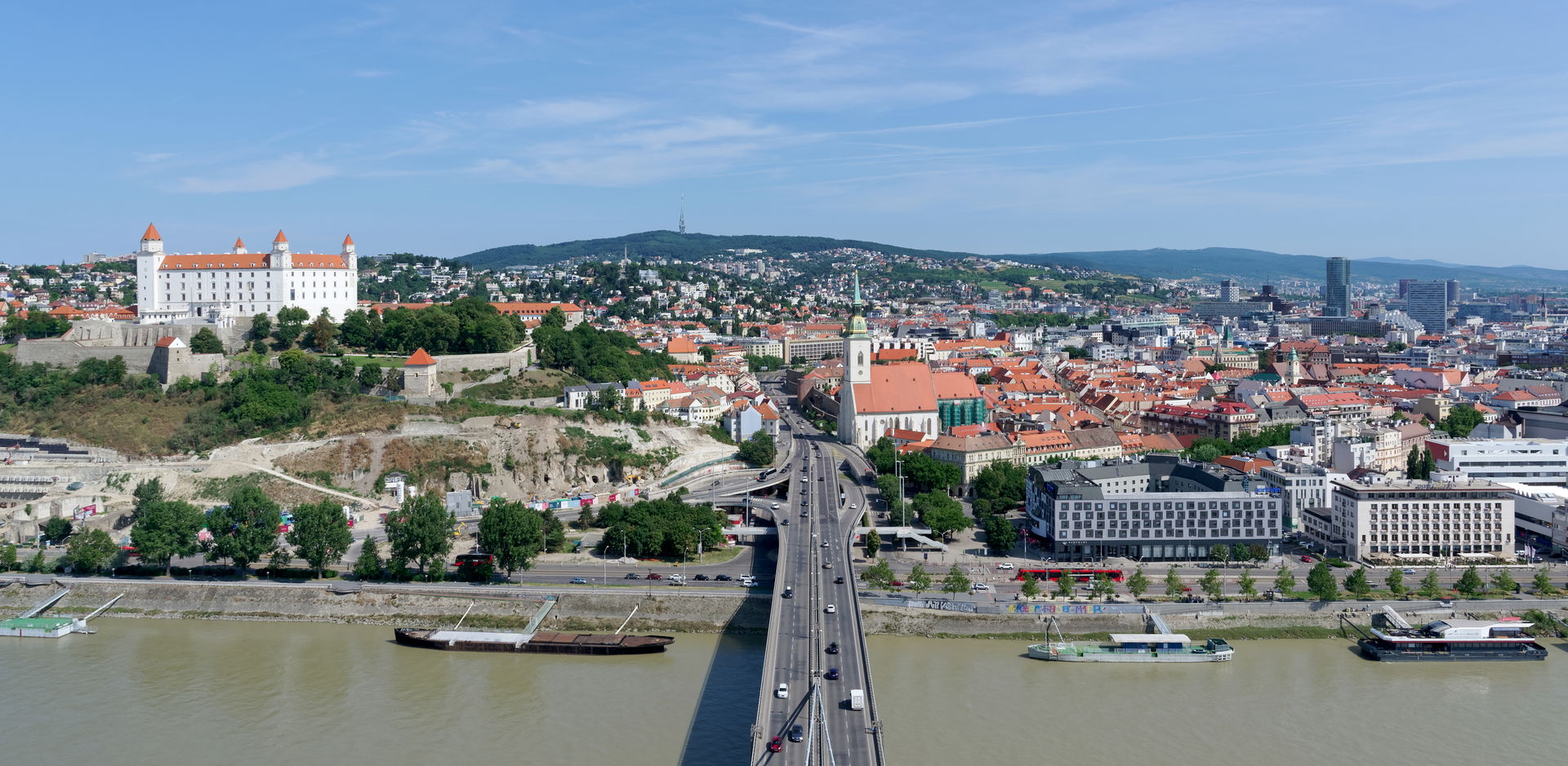 View of Bratislava from Nový most - castle on the left, St Mart…