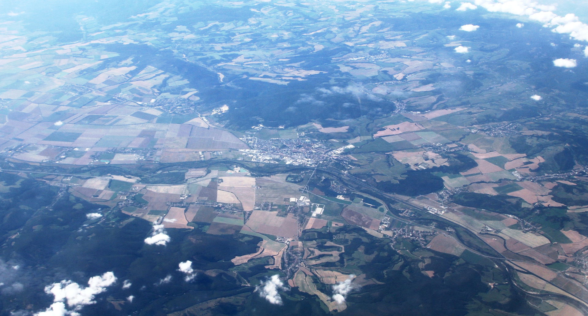 Aerial view over Nove Mesto city on the Vah river in Slovakia