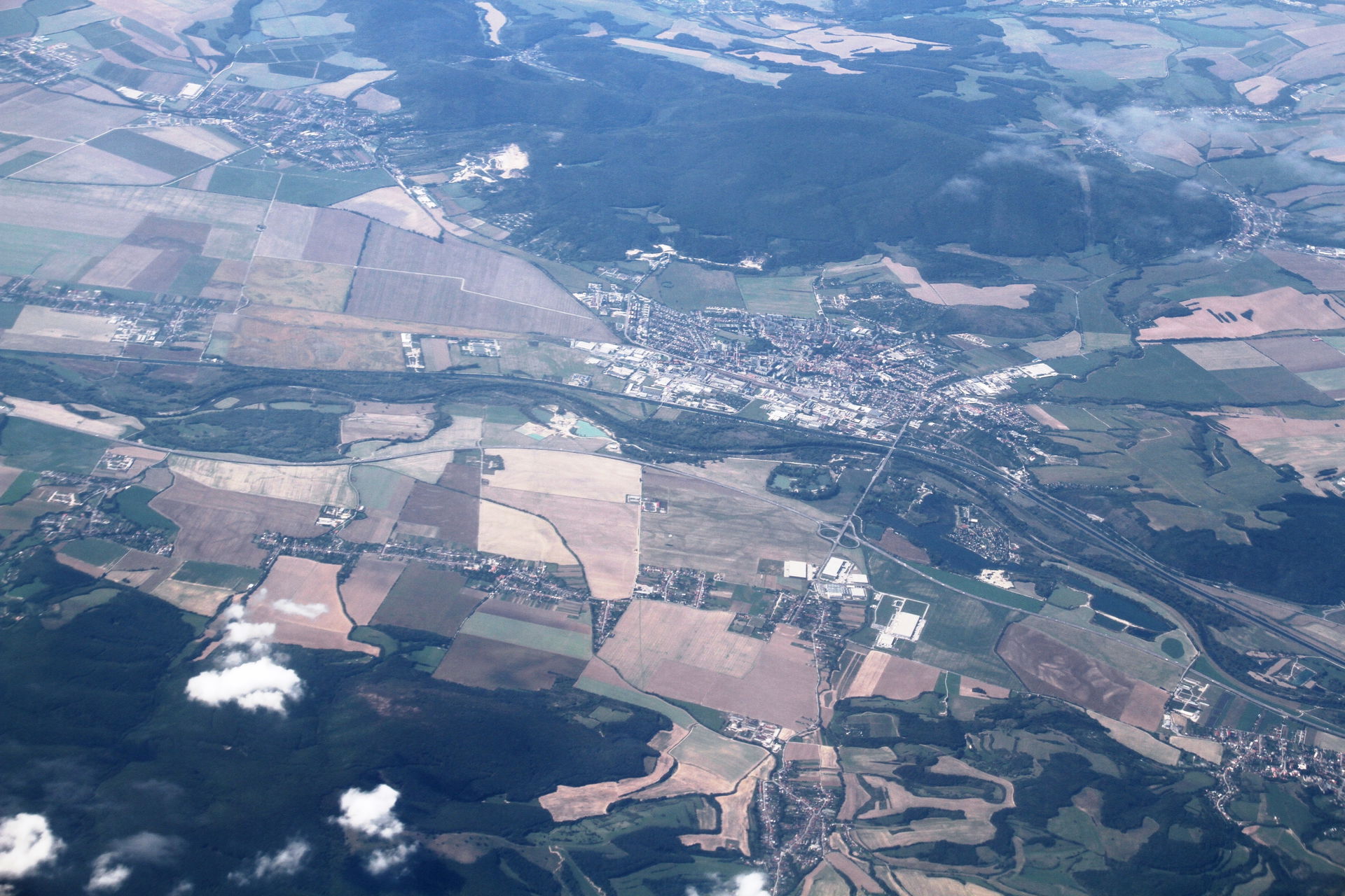 Aerial view over Nove Mesto city on the Vah river in Slovakia