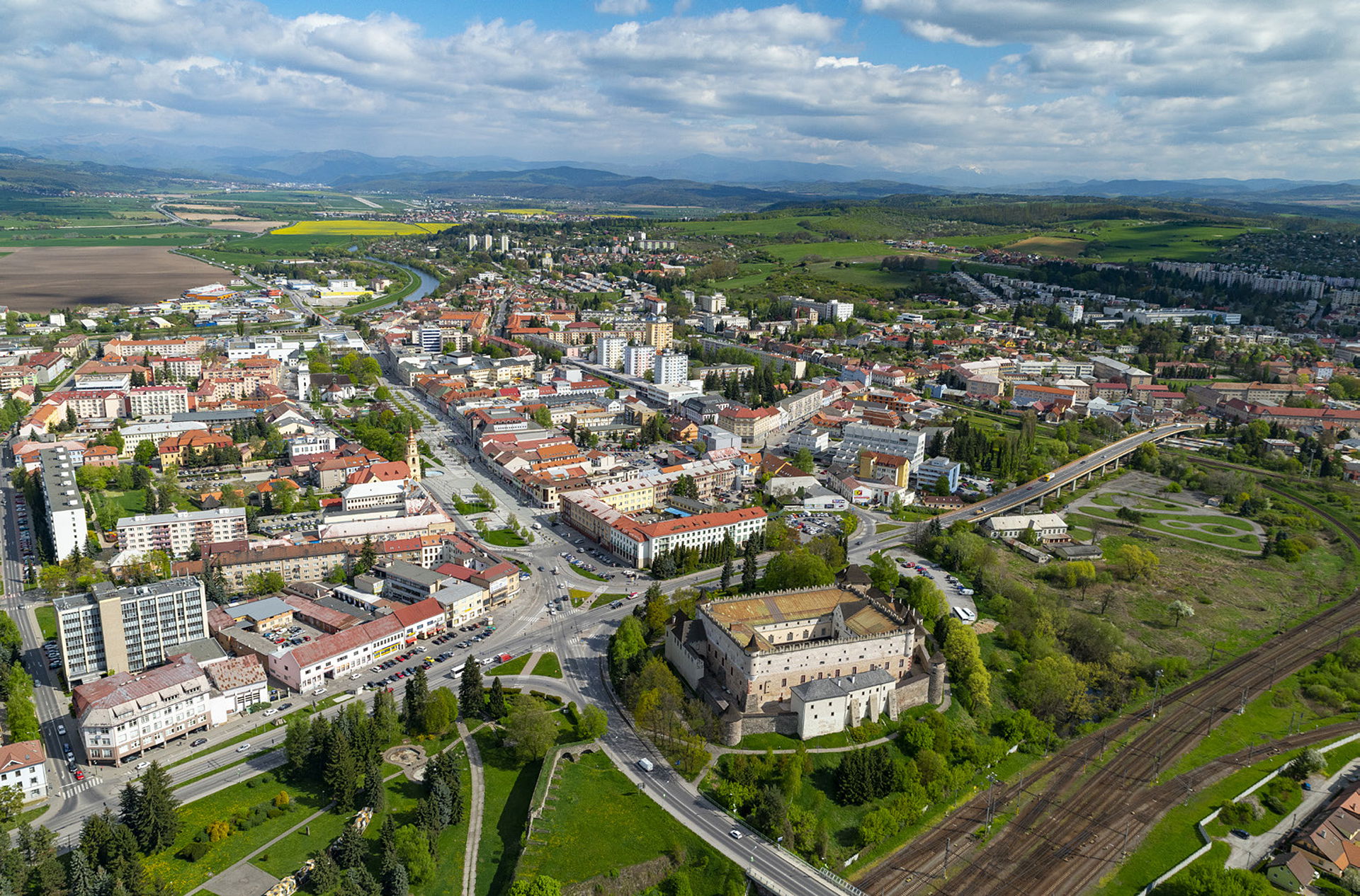 An aerial view of Zvolen town centre and its Zvolen castle (Zvo…