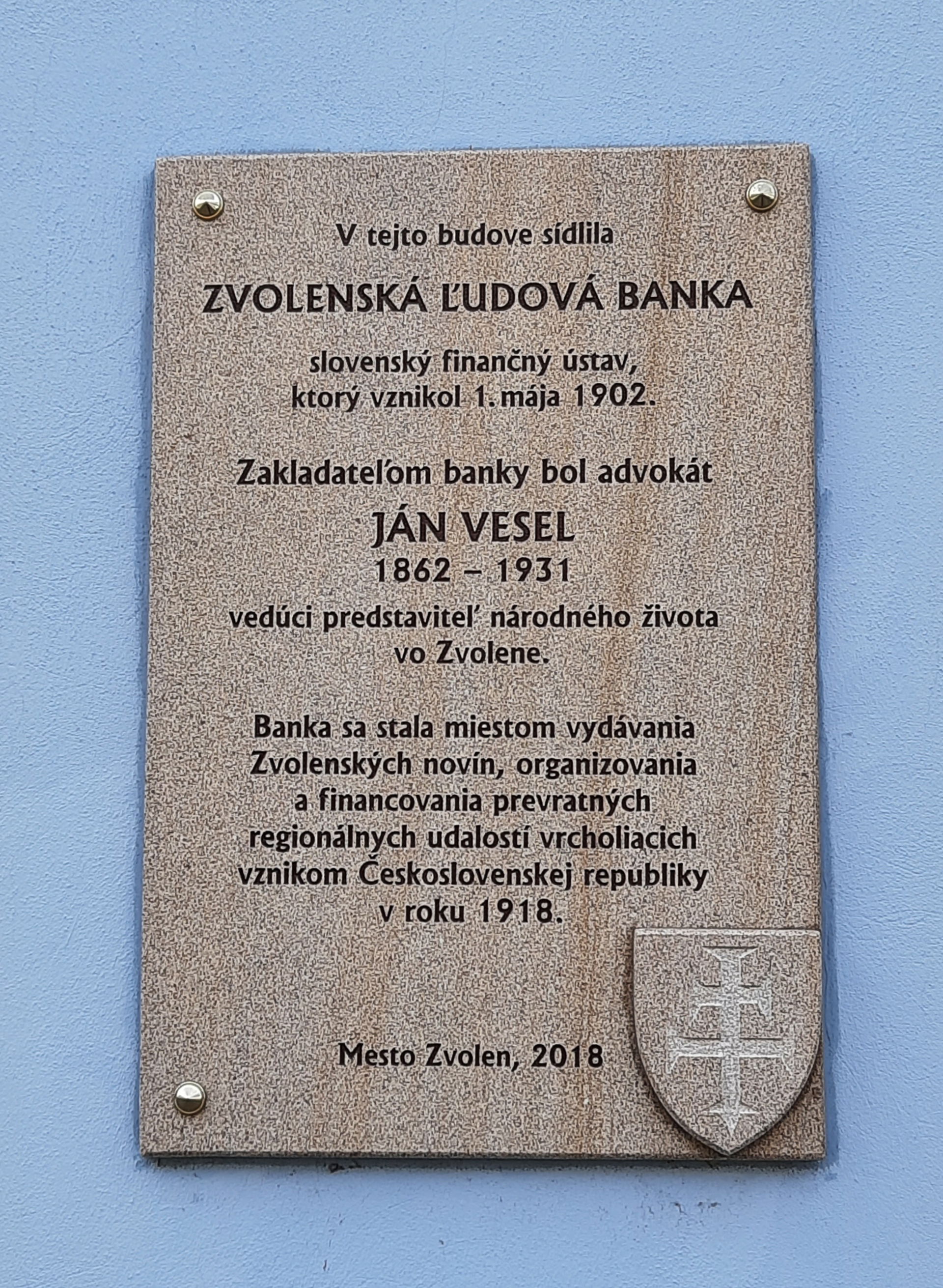 Pamětní deska Zvolenské ľudové banky (zakladatel Ján Vesel), So…
