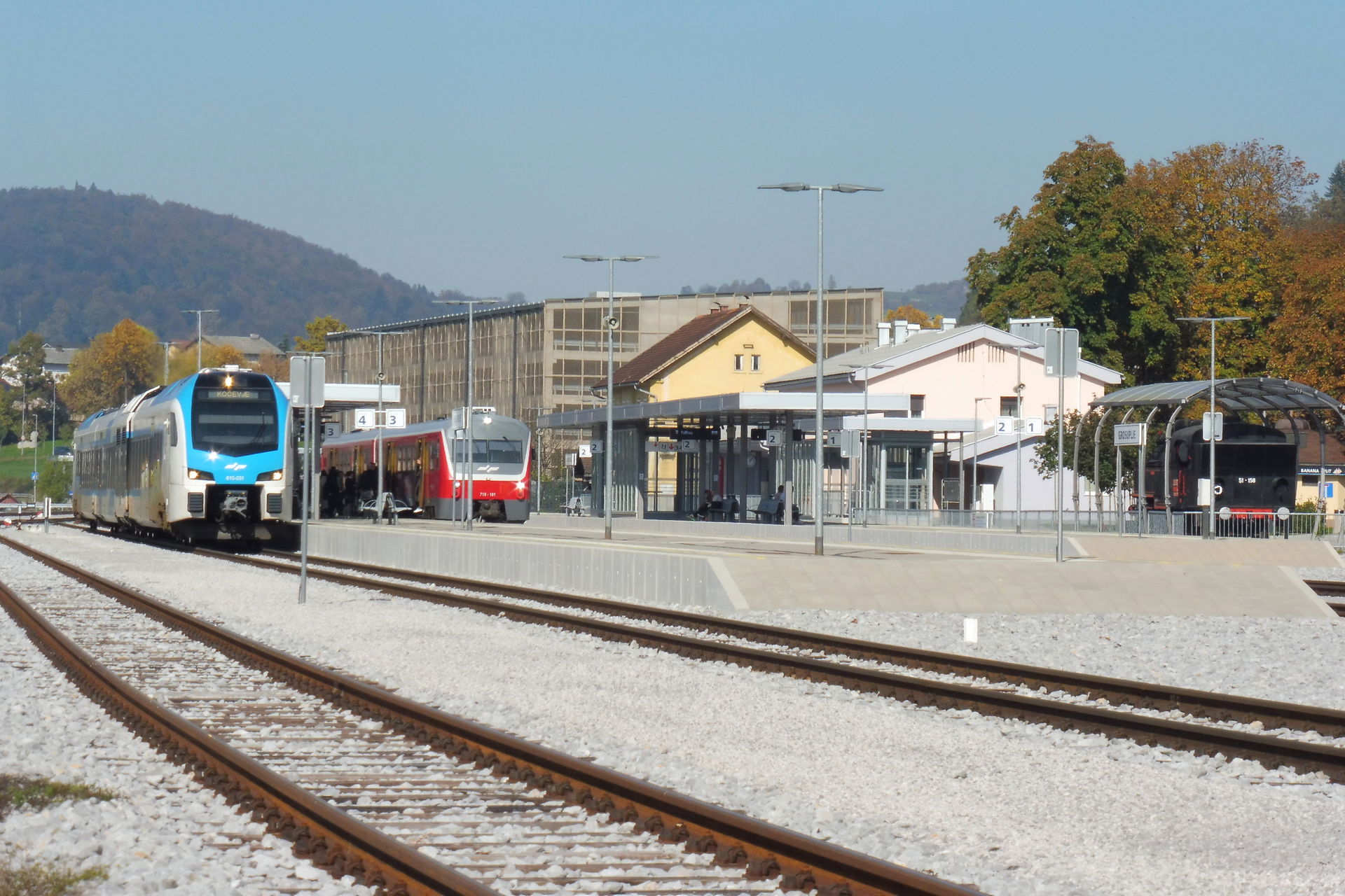 The renovated Grosuplje train station. On the Track 4, a SŽ 610…