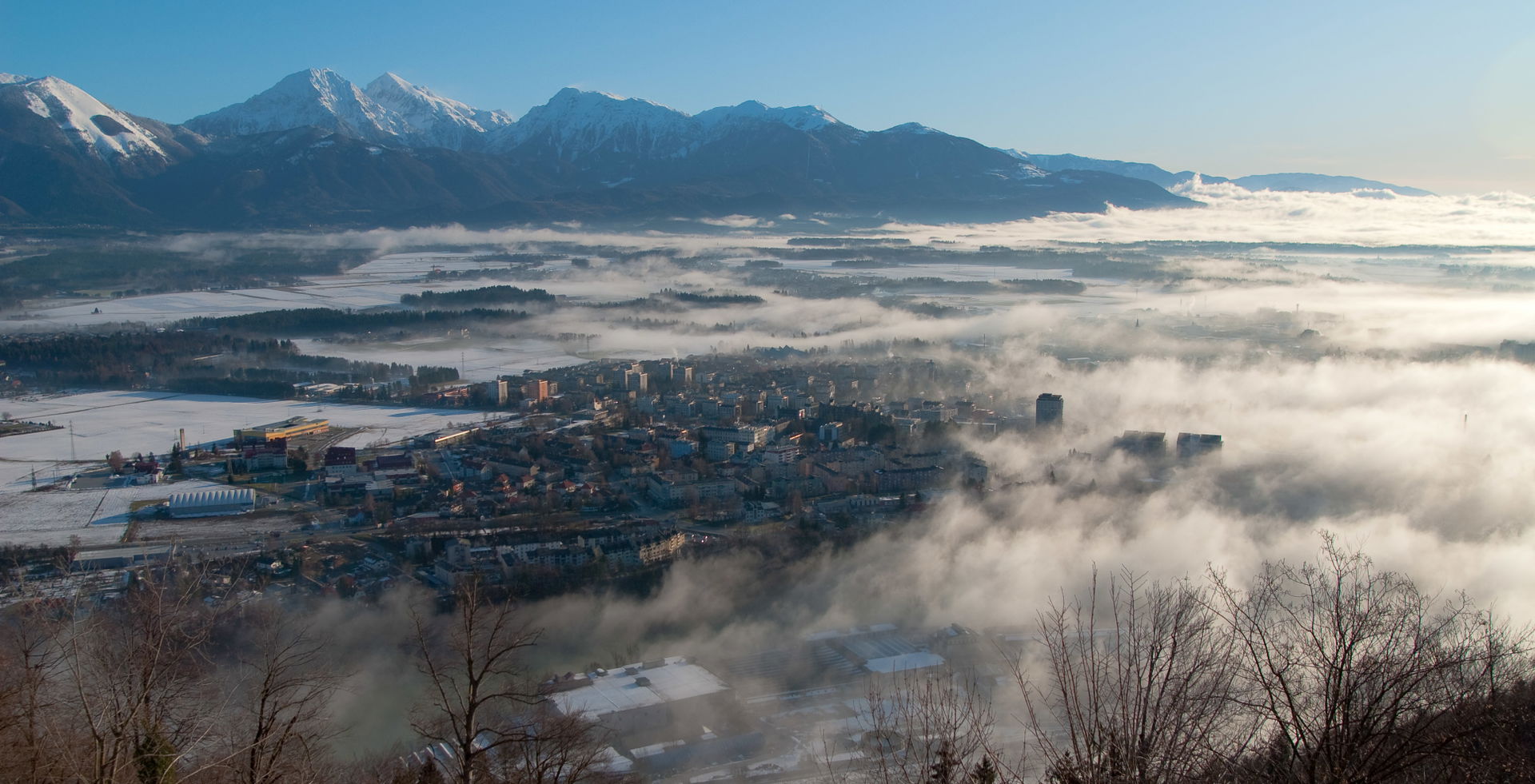 View from Šmarjetna gora on Kranj in morning mist