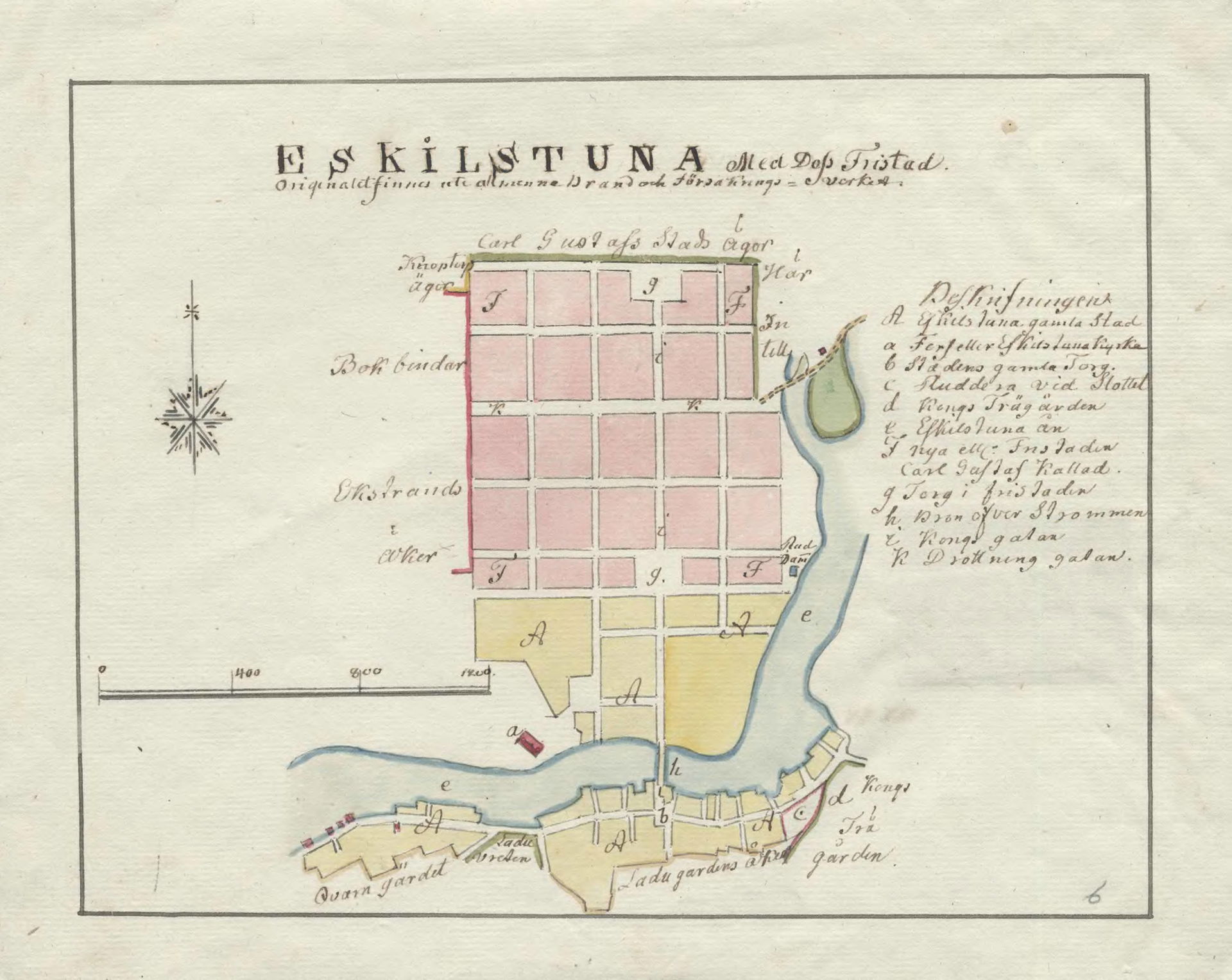 Hand drawn 18th century map of Eskilstuna, Sweden