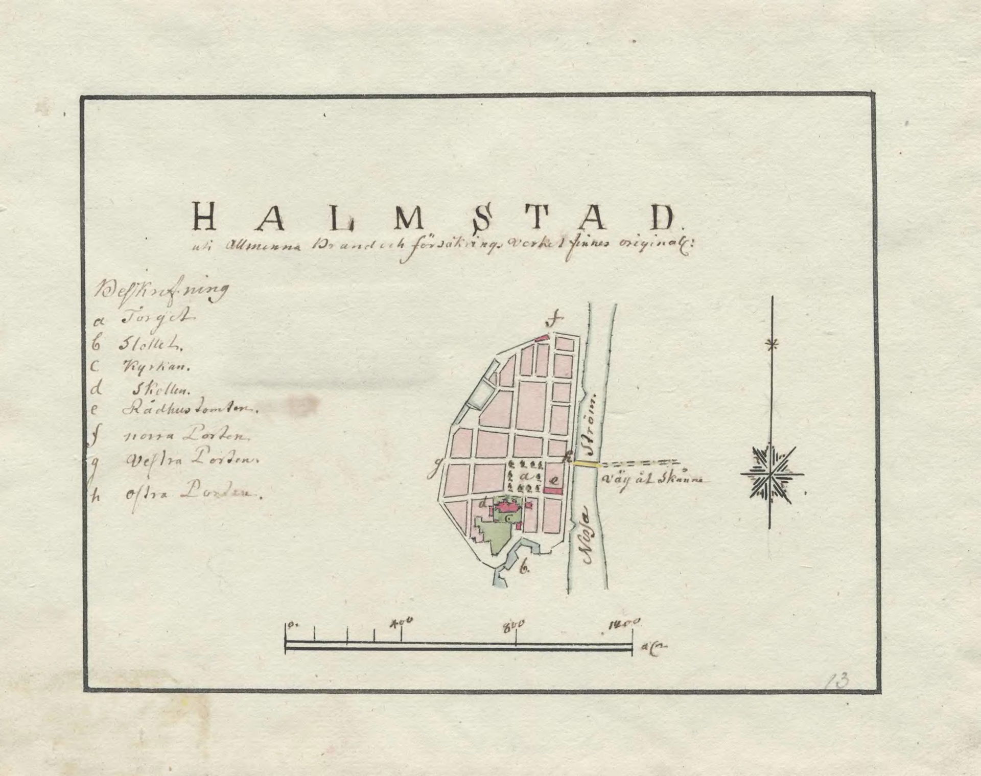 Hand drawn 18th century map of Halmstad, Sweden