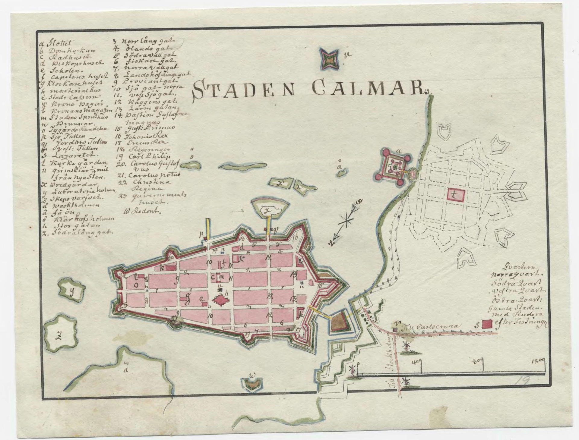 Hand drawn 18th century map of Kalmar, Sweden