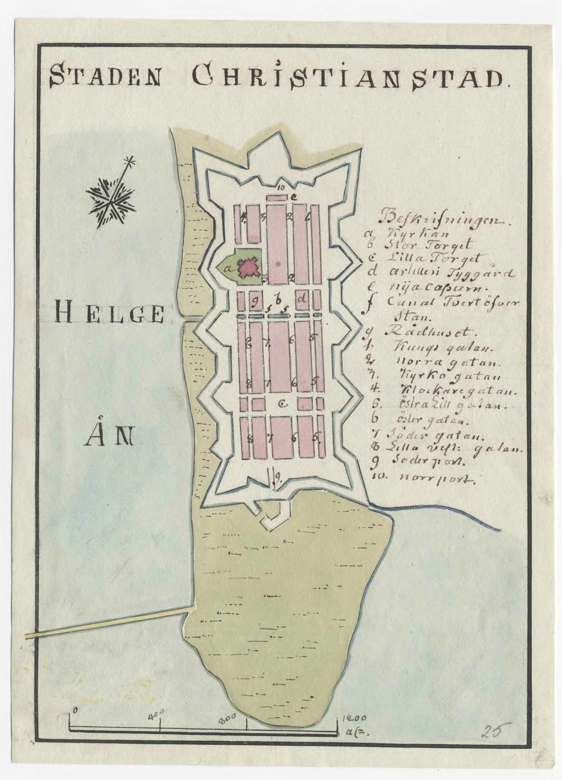 Hand drawn 18th century map of Kristianstad, Sweden