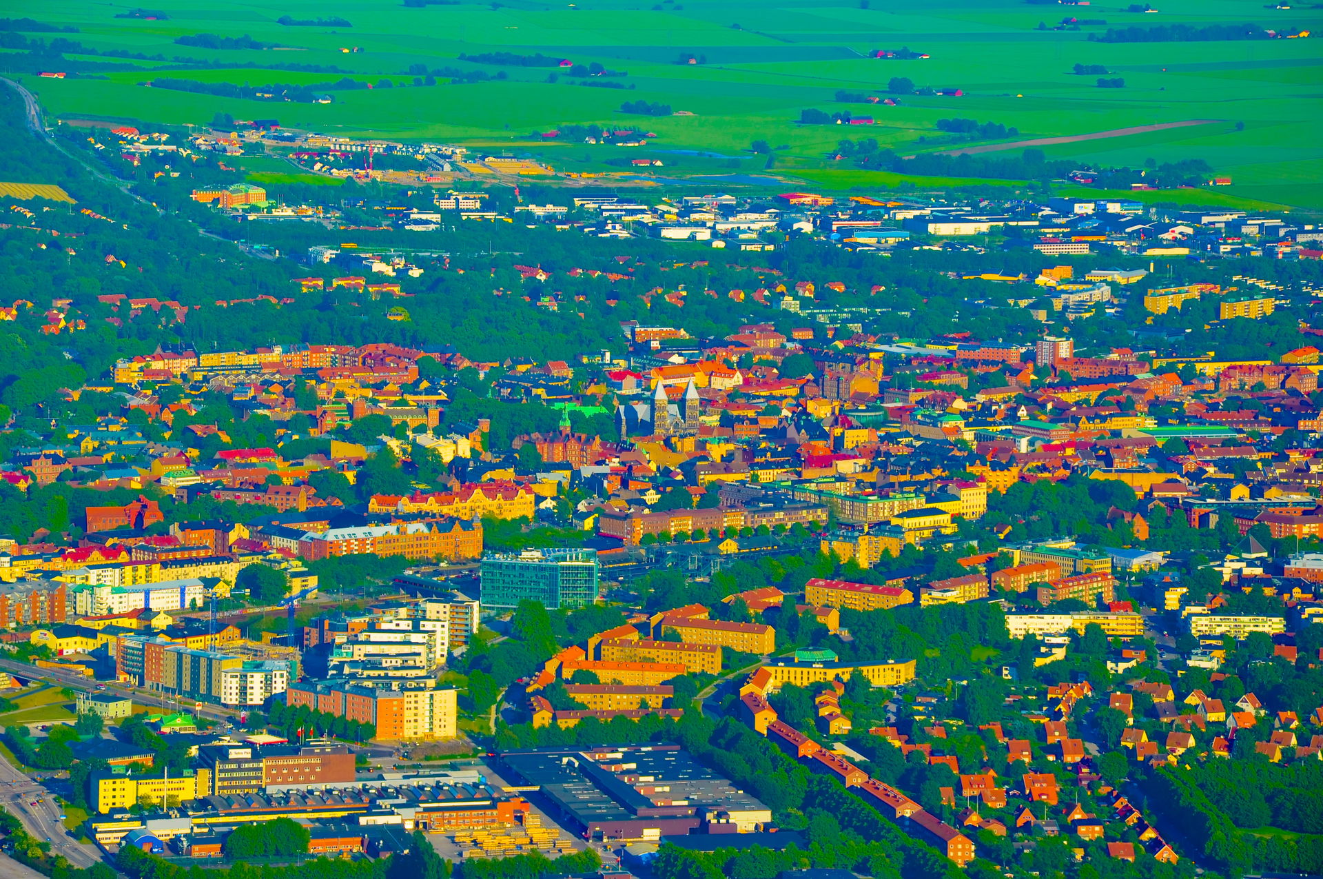 Aerial view of Lund, Scania, Sweden, with maximum color saturat…