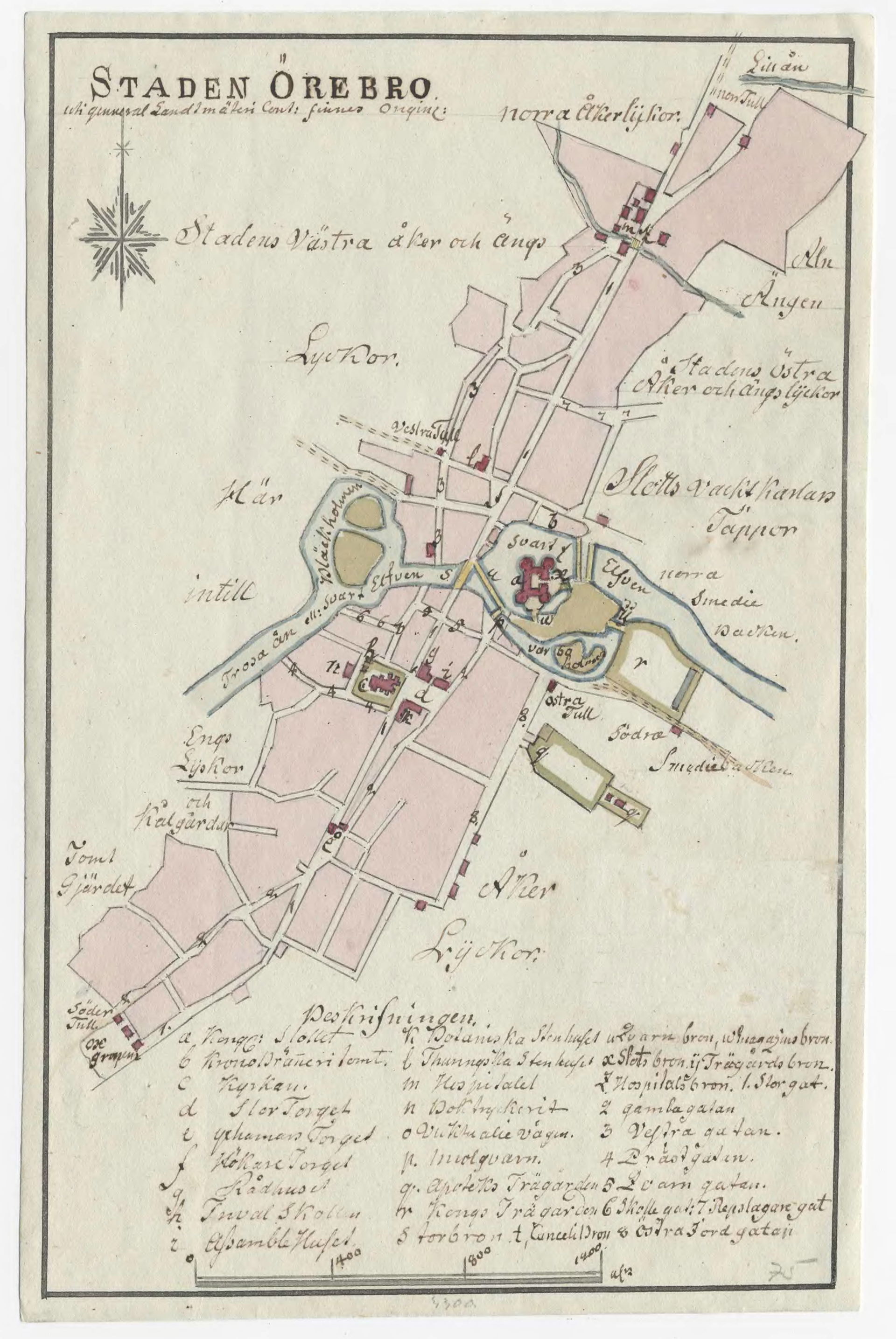 Hand drawn 18th century map of Örebro, Sweden