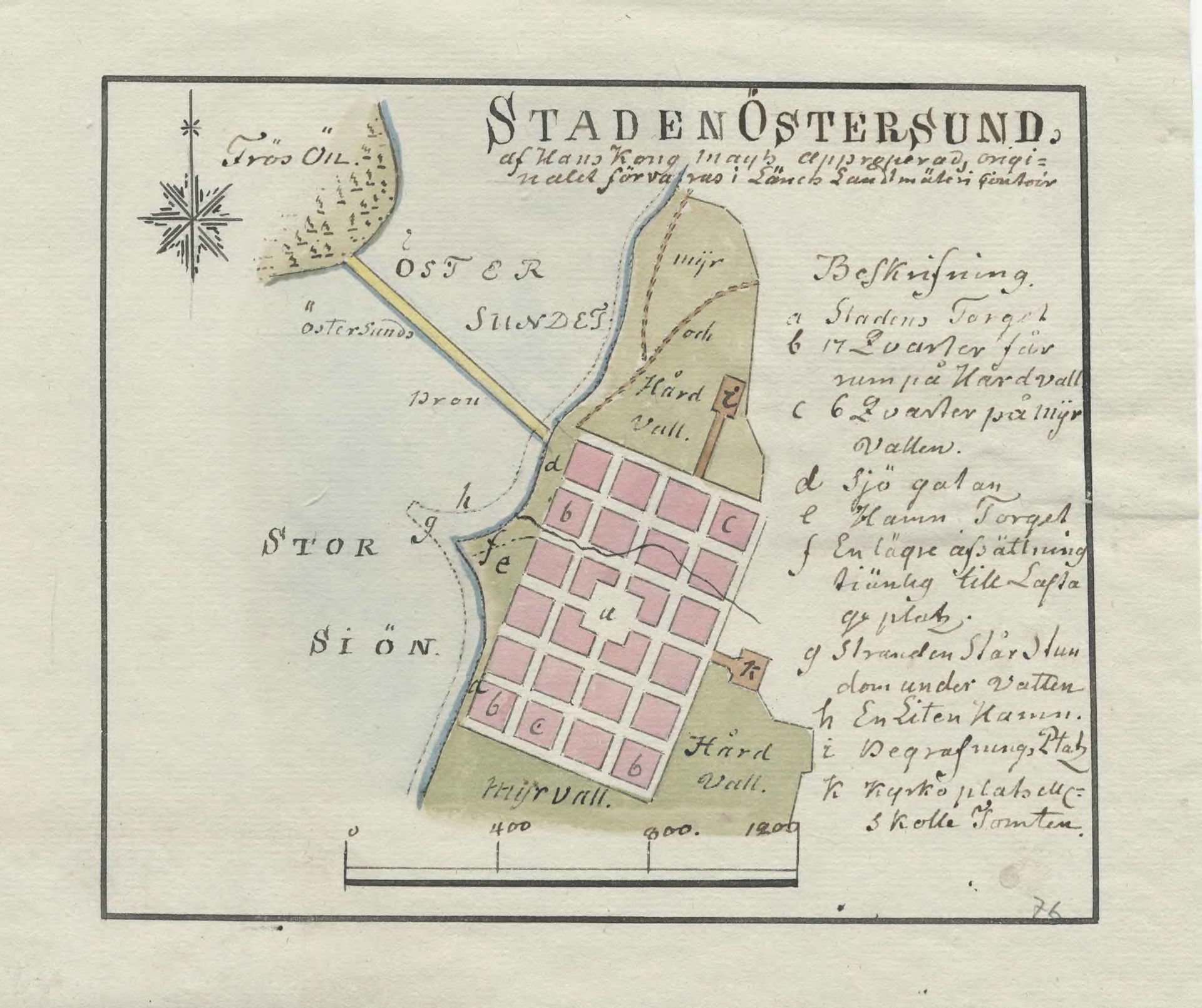 Hand drawn 18th century map of Östersund, Sweden