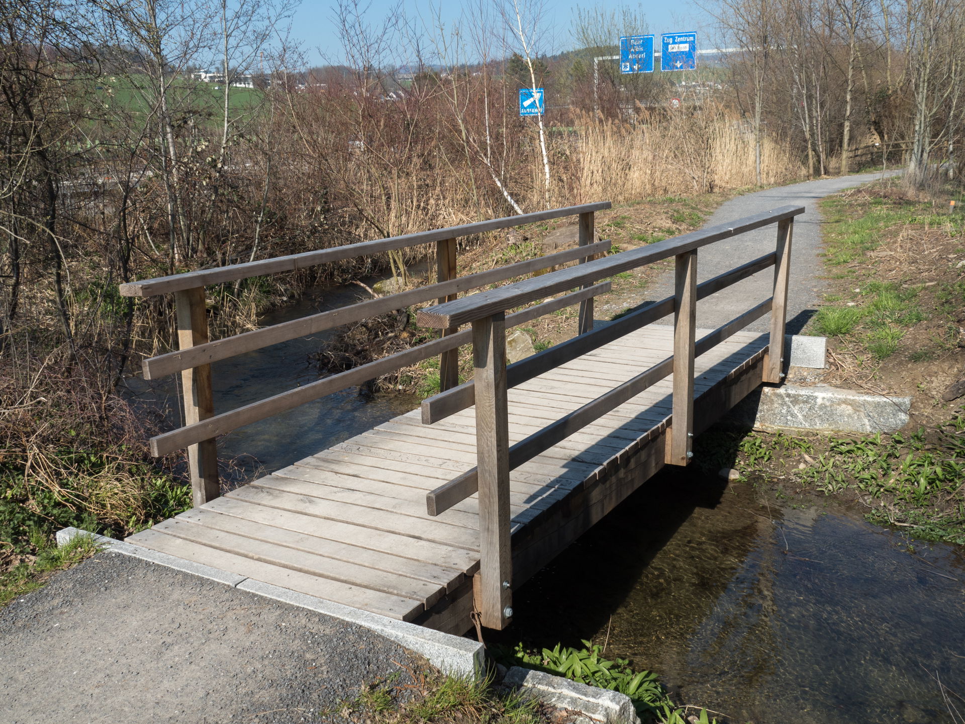 Wooden Pedestrian Bridge over the Old Lorze River, Baar, Canton…