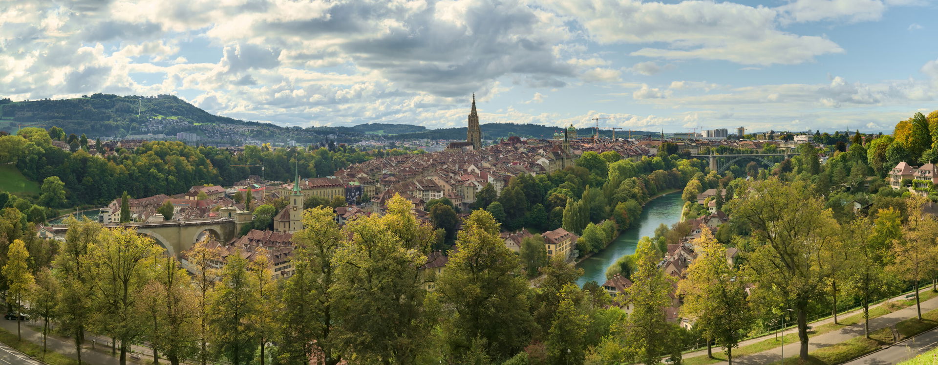 Panoramic view of the old town of Bern from Rosengarten. This …