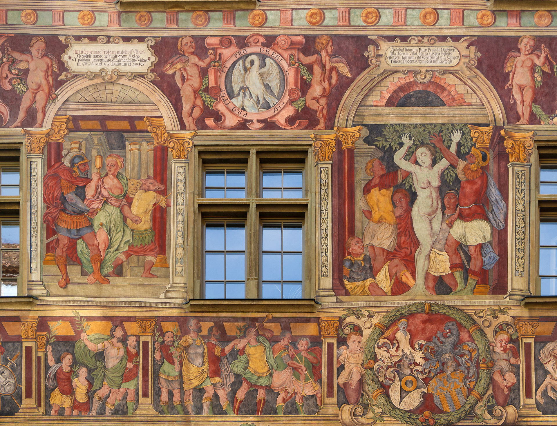 Mural, depicting a triumphal march (lower row left), the coat o…
