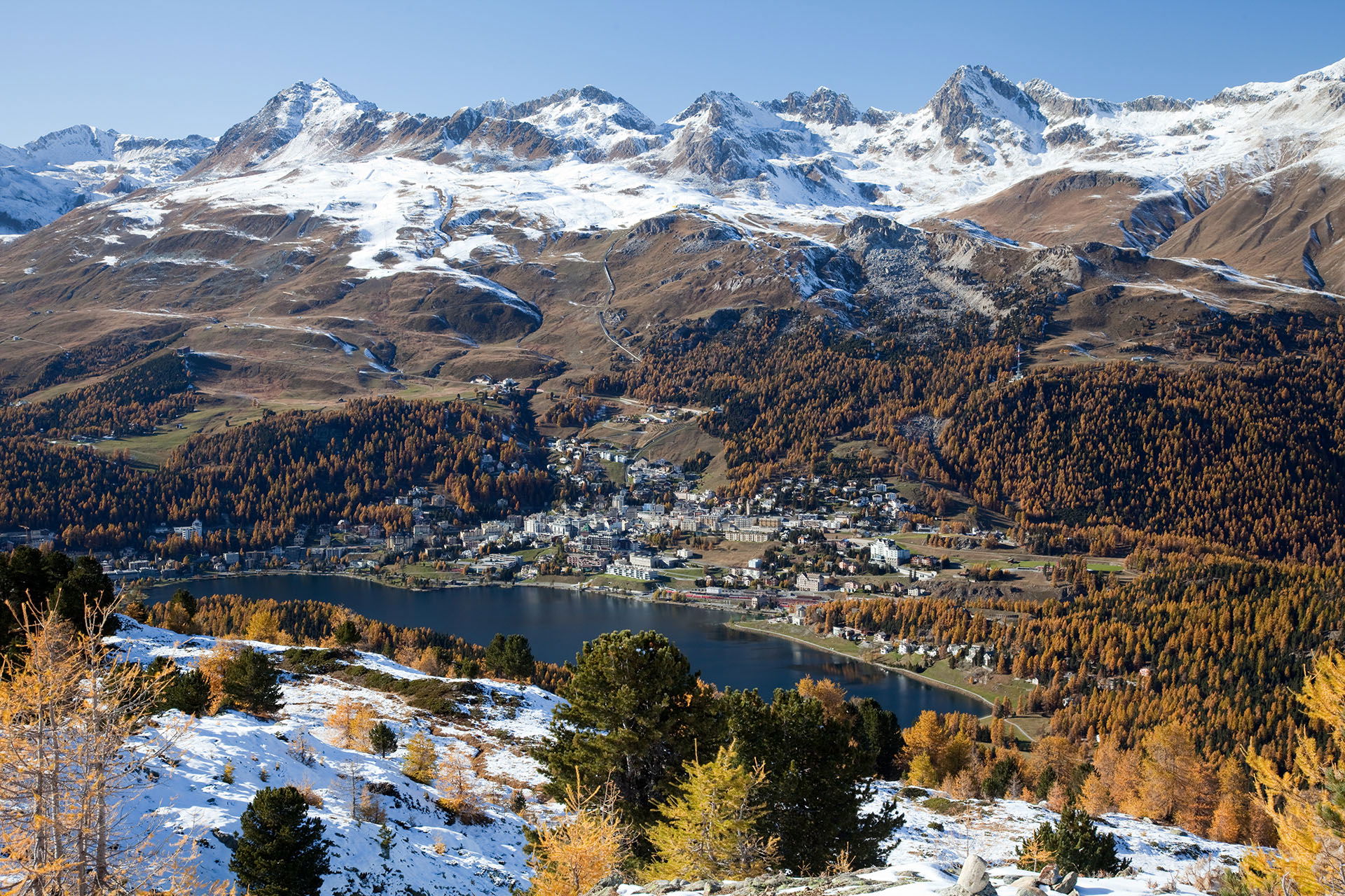 View of St. Moritz and its lake, as seen from Muottas da Schlar…