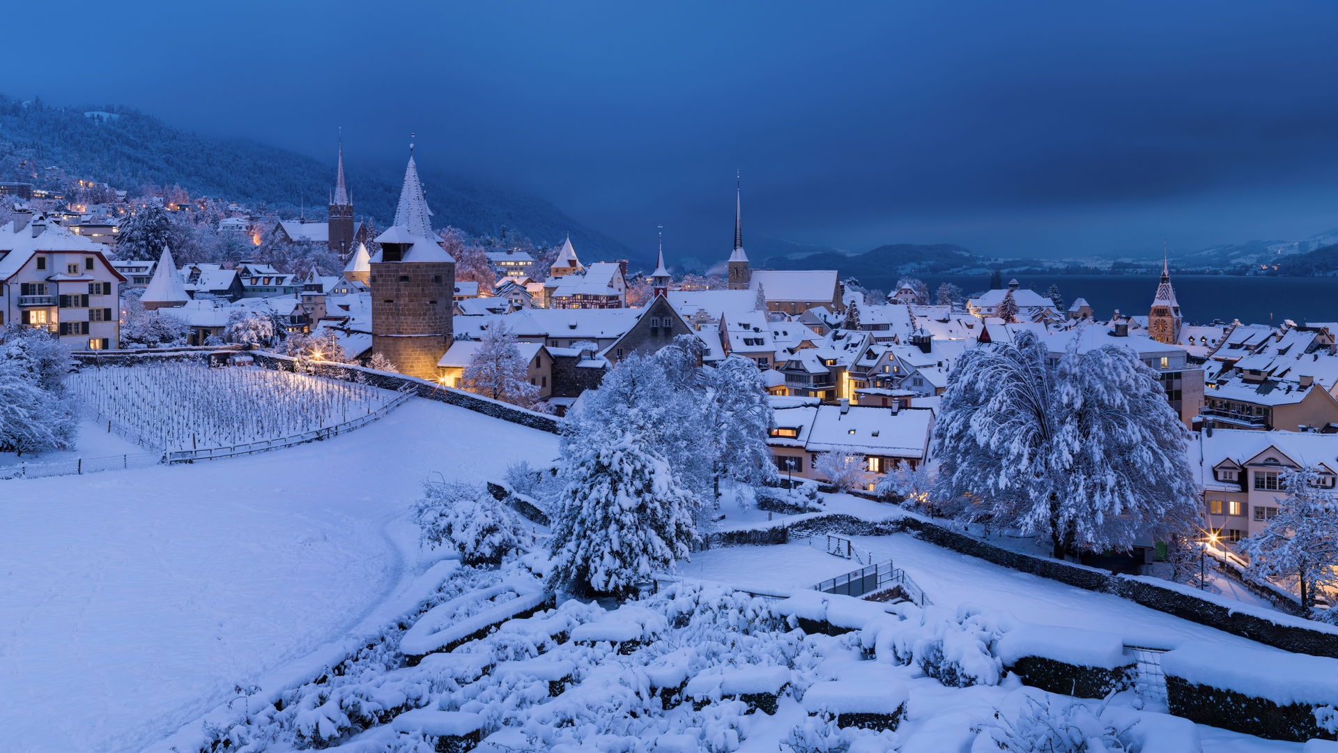 The old town of Zug, Switzerland, at blue hour