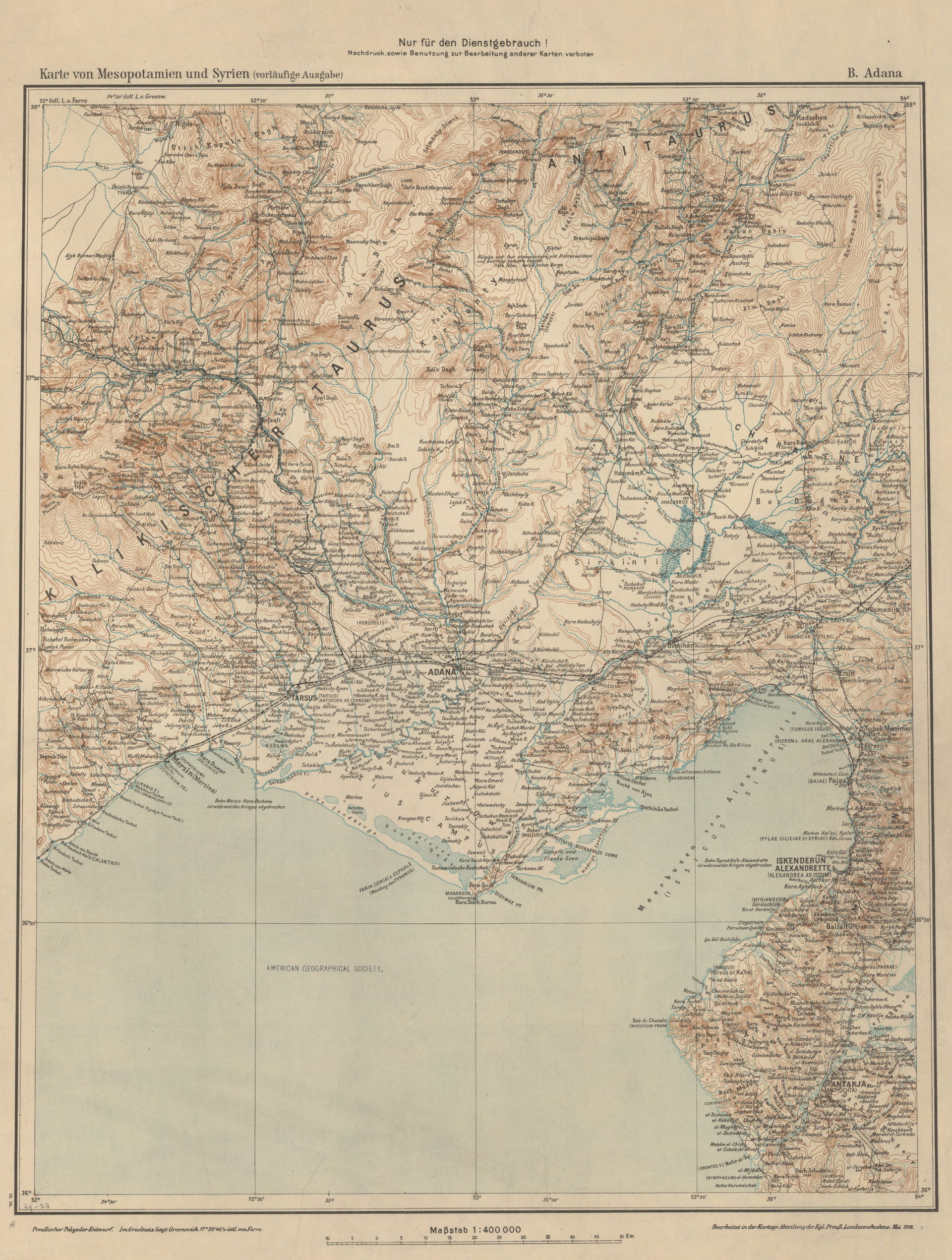 Old map of Adana Turkey from 1920