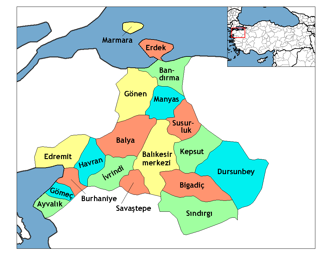 Map of the districts of Balıkesir province in Turkey. Created b…