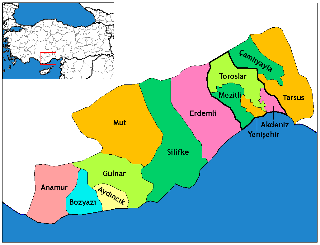 Map of the districts of Mersin province in Turkey. Created by R…