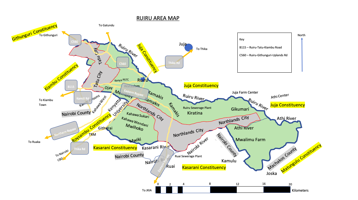 A sketched map showing the length and breadth of the Ruiru area…