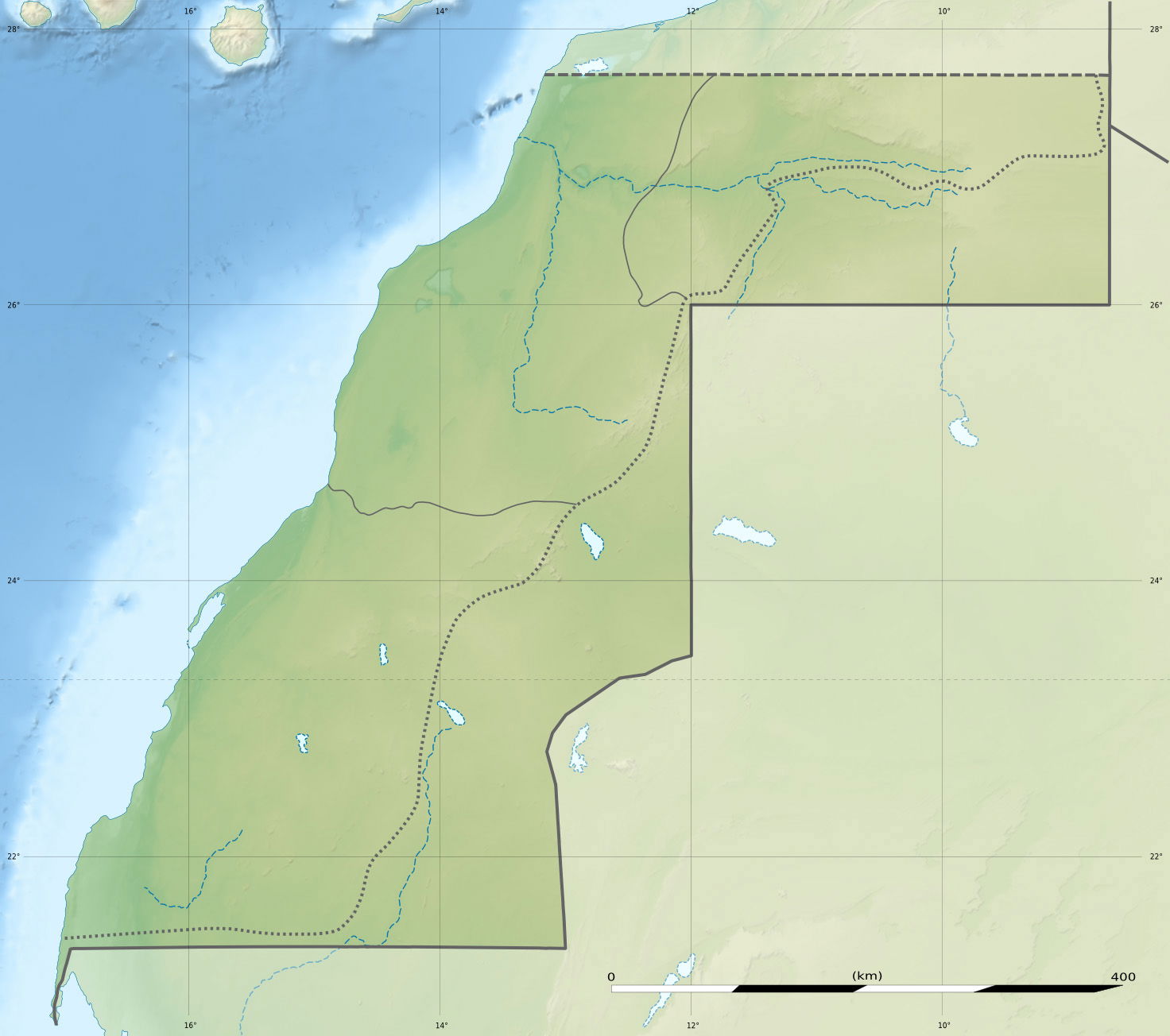 Blank physical map of Western Sahara, for geo-location purposes.