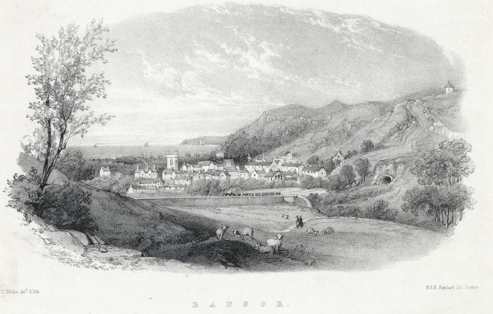 Cityscape view of the city of Bangor showing cathedral, steam t…