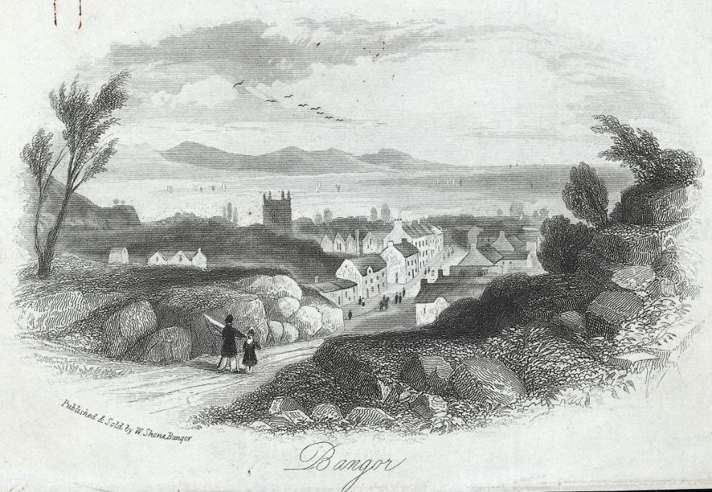 General view of Bangor, with a woman and child walking towards …