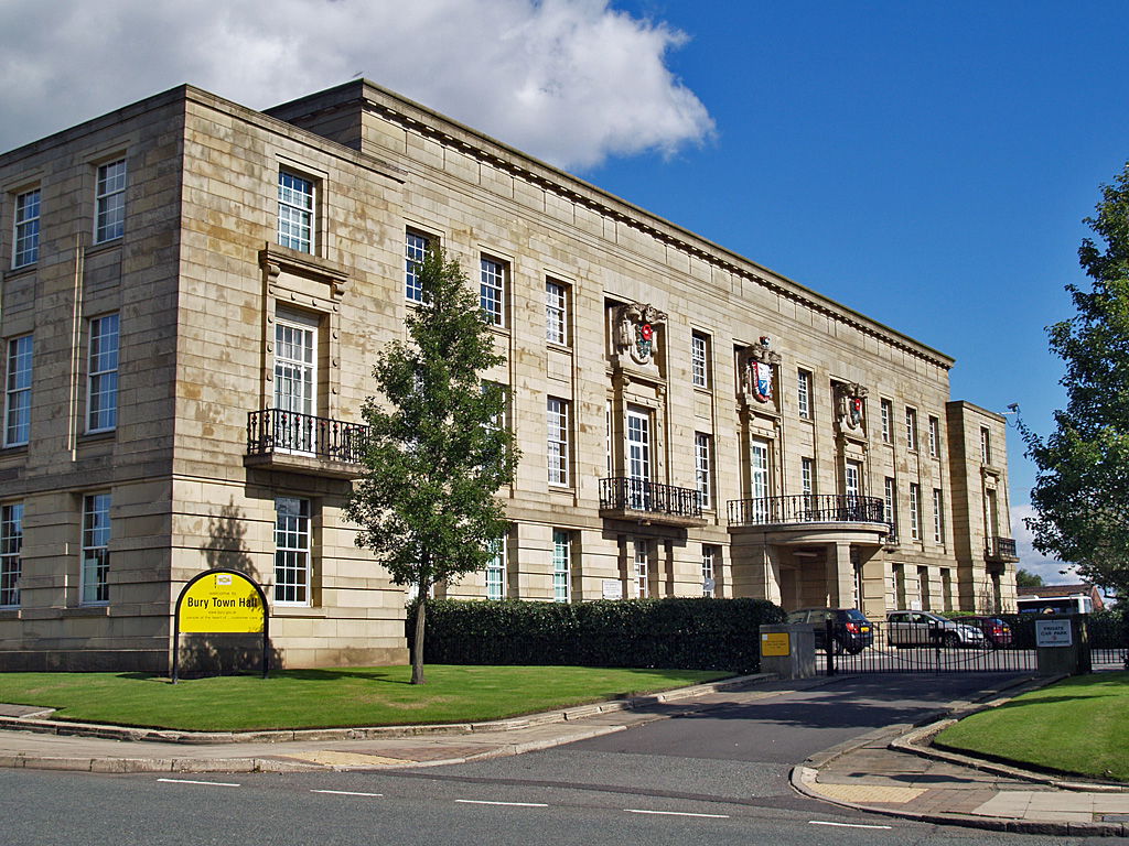 Ceremonial entrance of Bury Town Hall in Bury, Greater Manchest…