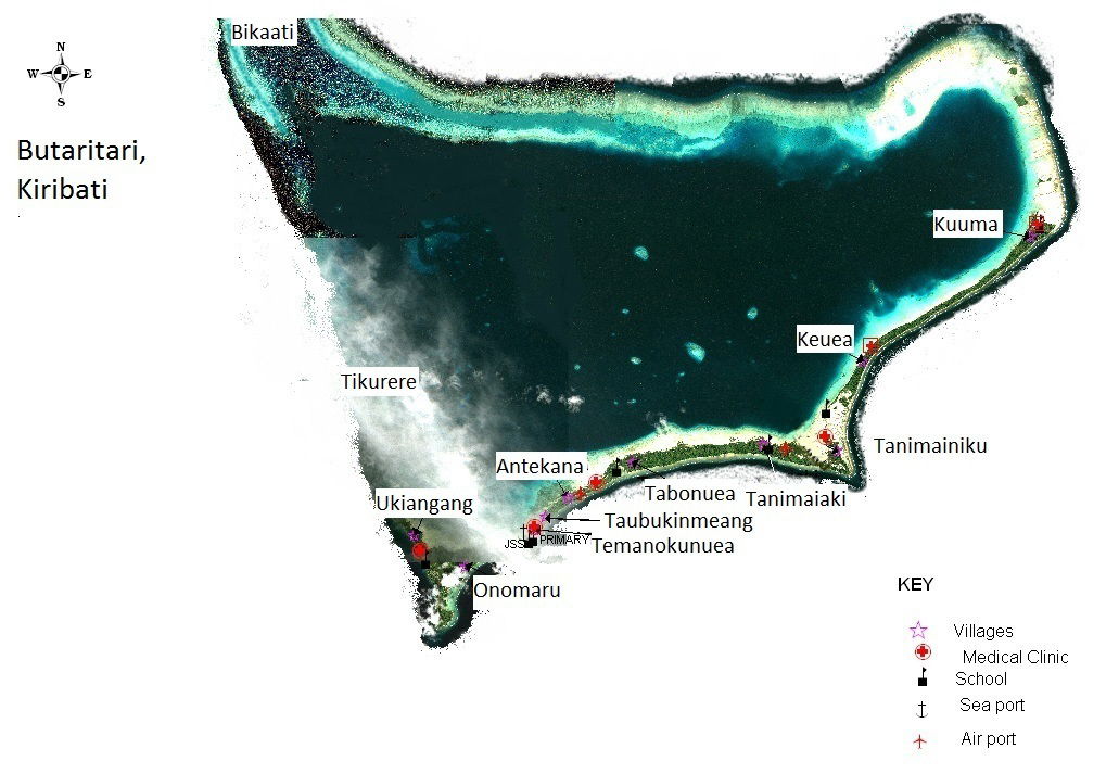 Astronaut photo of Butaritari, Kiribati, with villages and main…