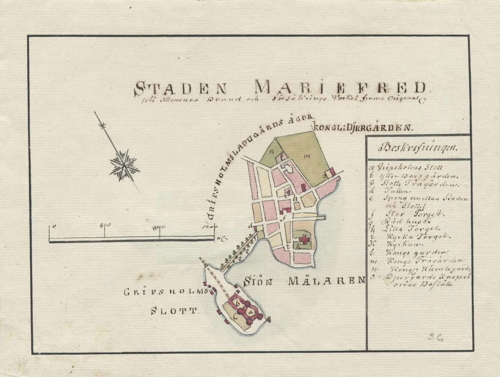 Hand drawn 18th century map of Mariefred, Sweden