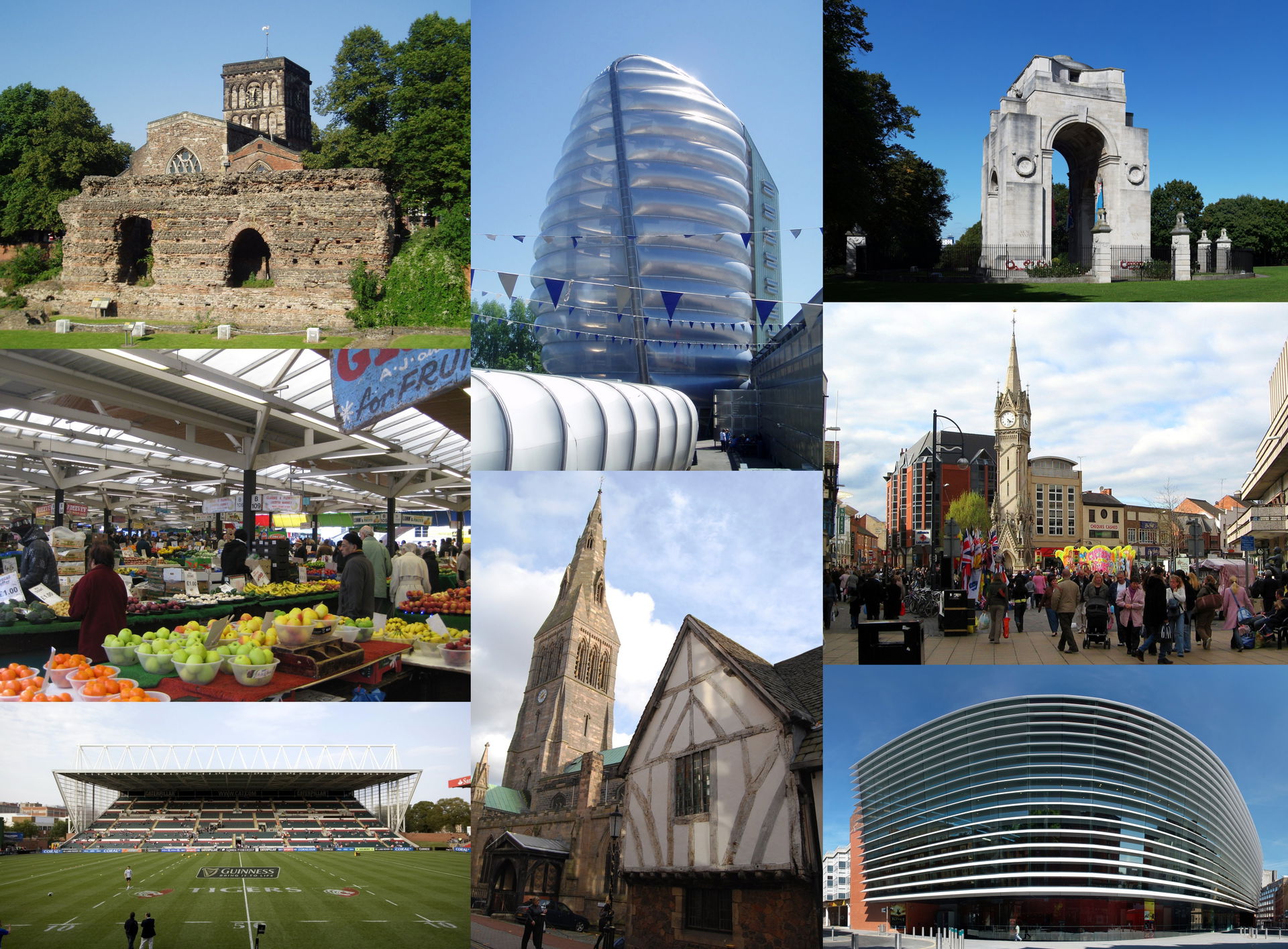 Montage of places in Leicester: (clockwise from top-left) Jewry…