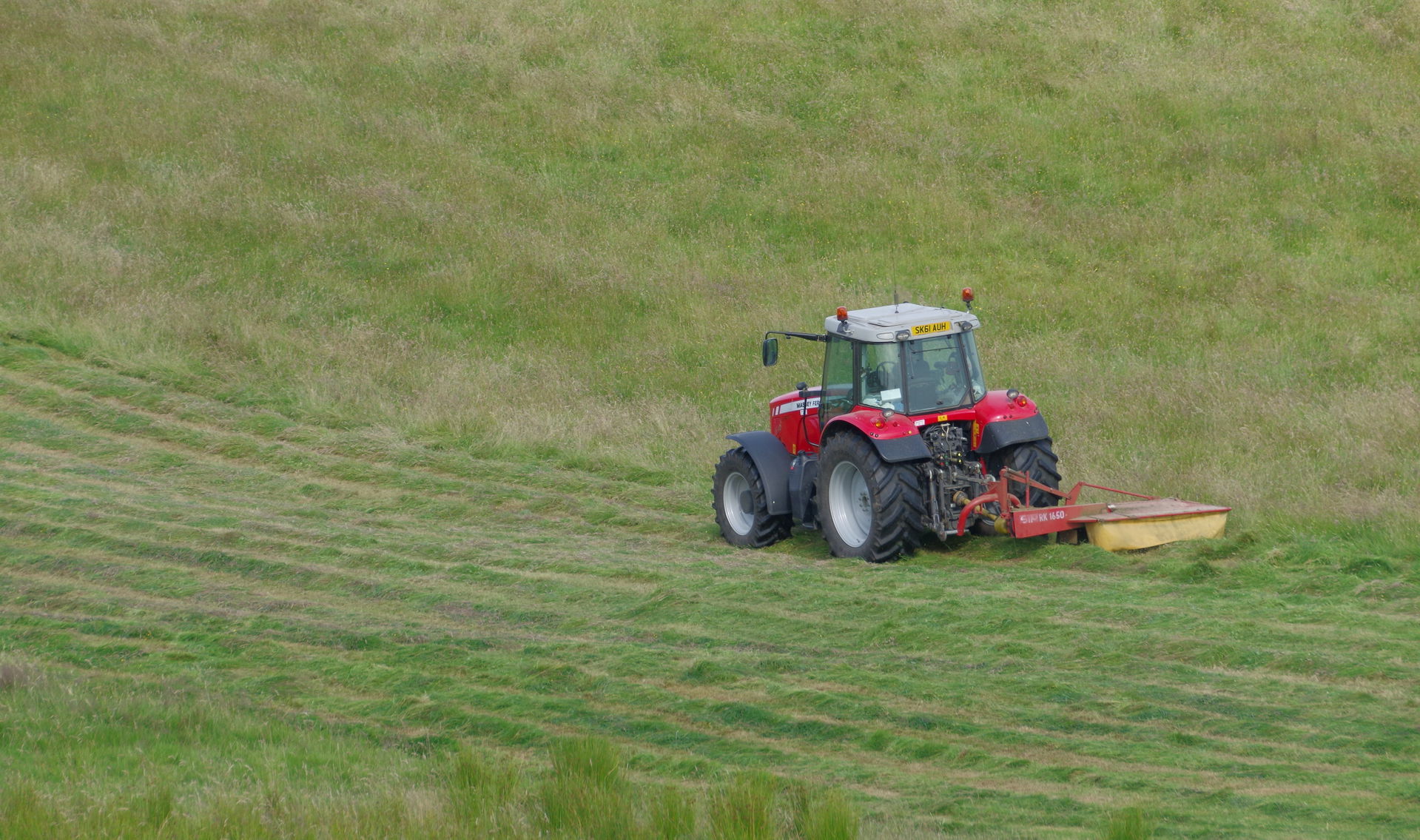 A tractor mowing a field in Newham, Northumberland.