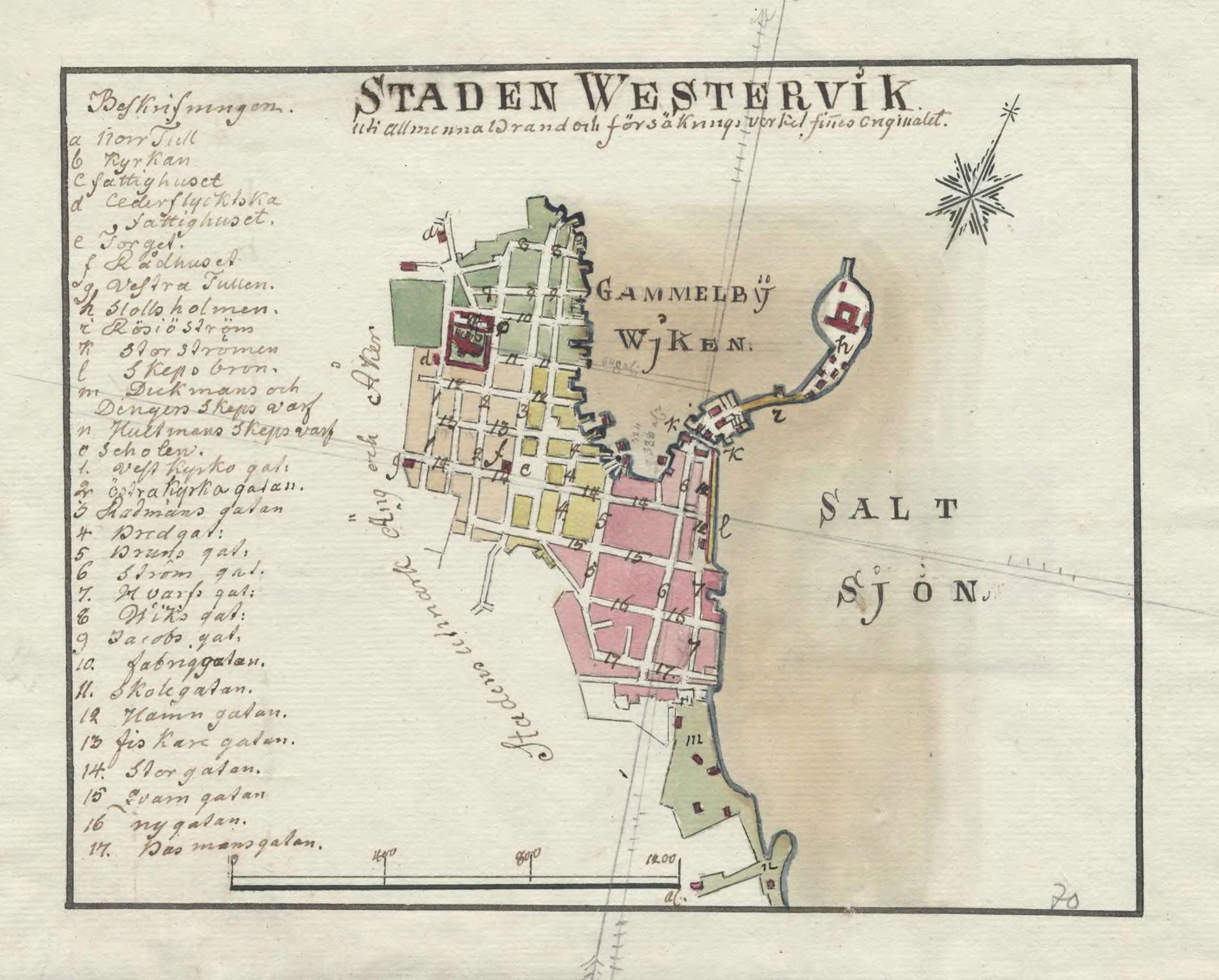 Hand drawn 18th century map of Västervik, Sweden