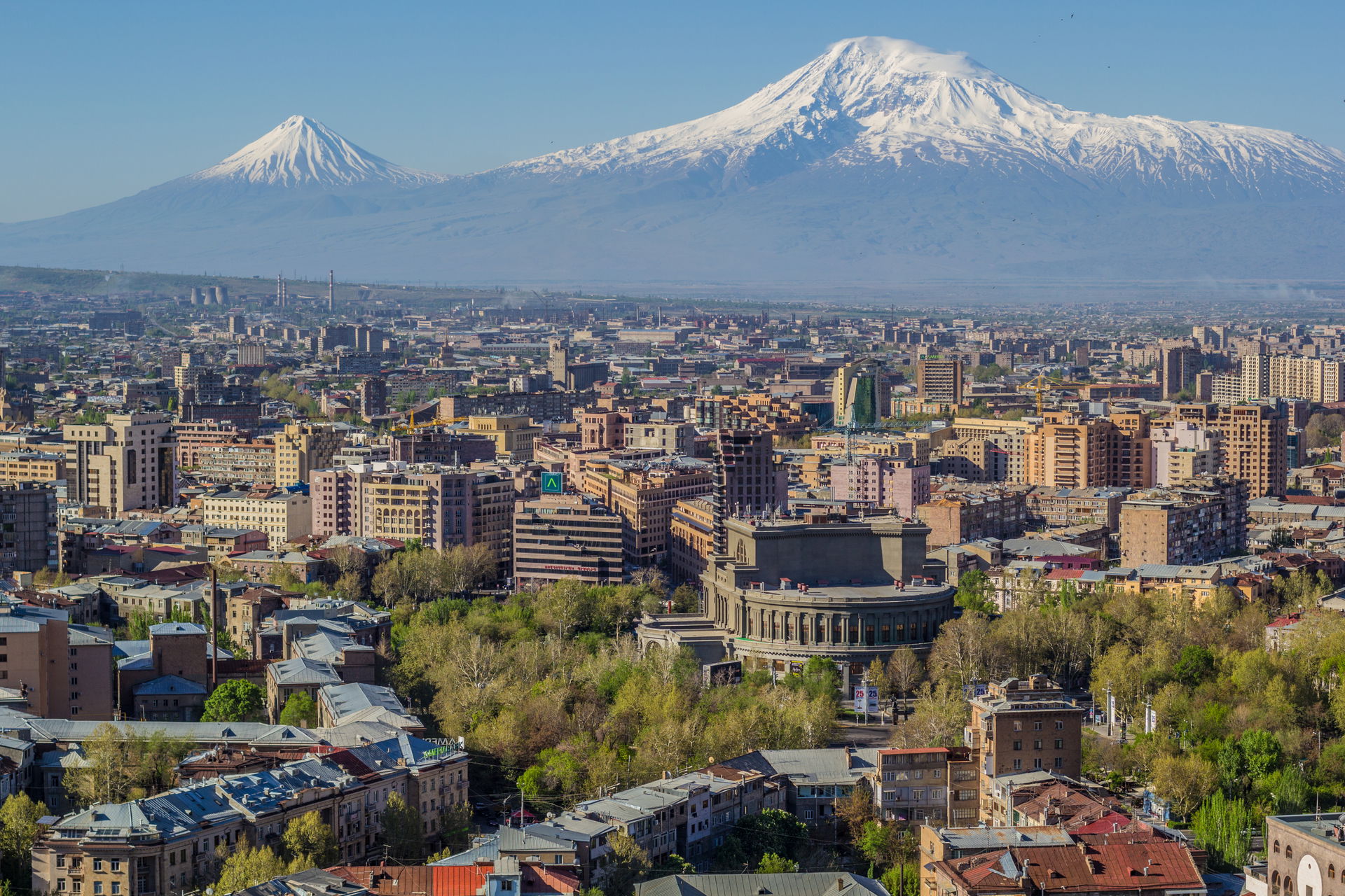 Mount Ararat and the Yerevan skyline. The Opera house is visibl…