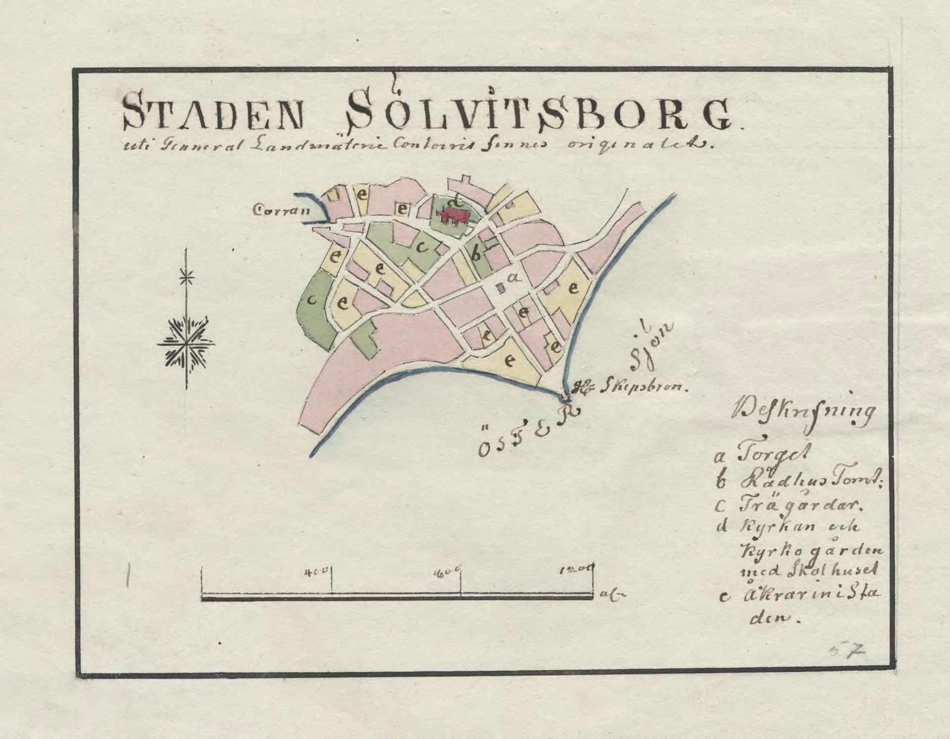 Hand drawn 18th century map of Sölvesborg, Sweden