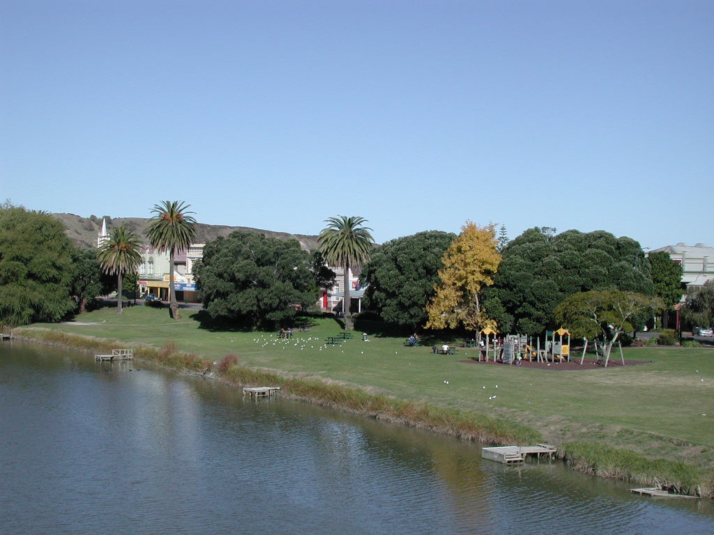 Wairoa riverbank viewed from SH2 bridge over Wairoa River.