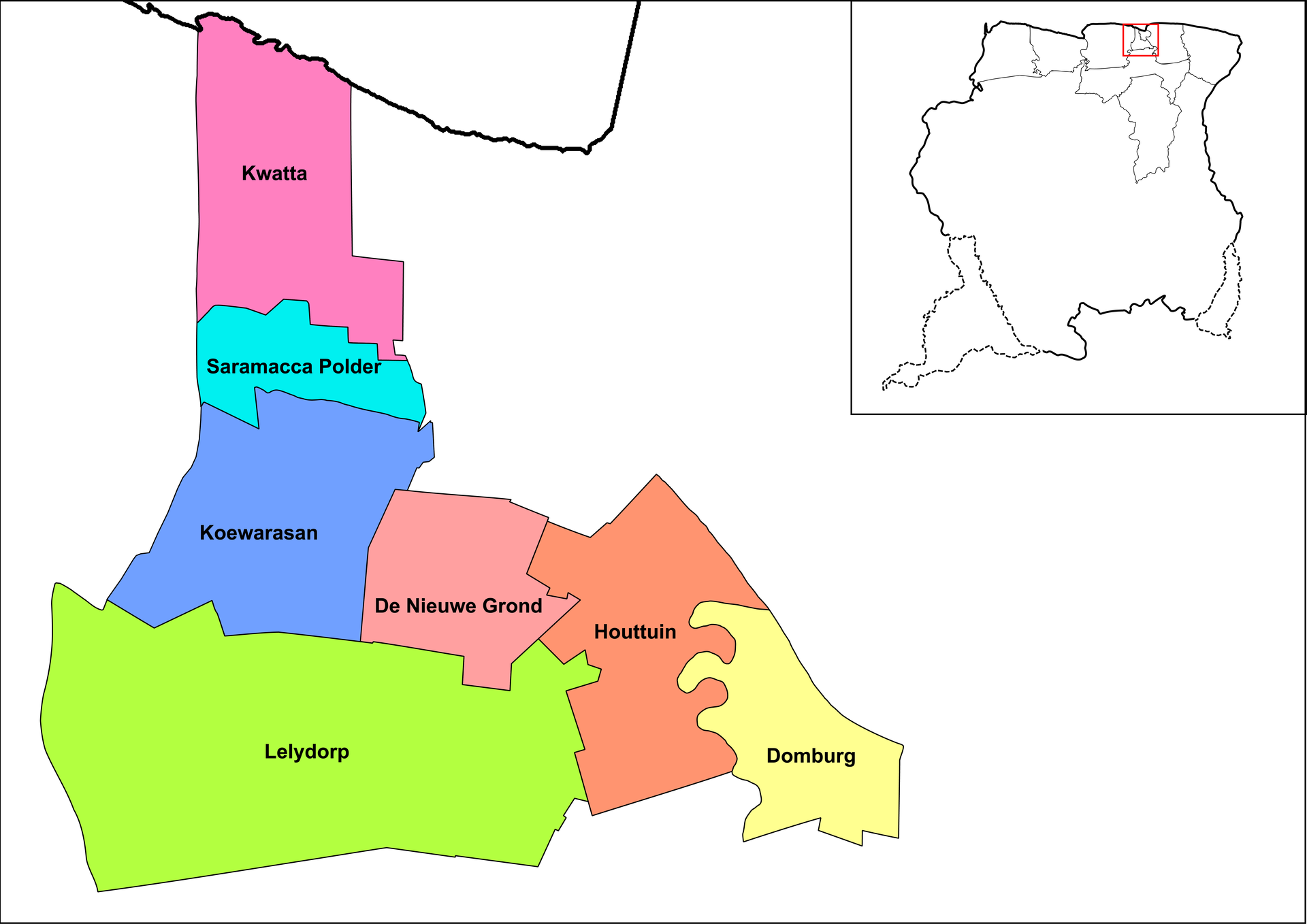 Map of the resorts of the Wanica district in Suriname
