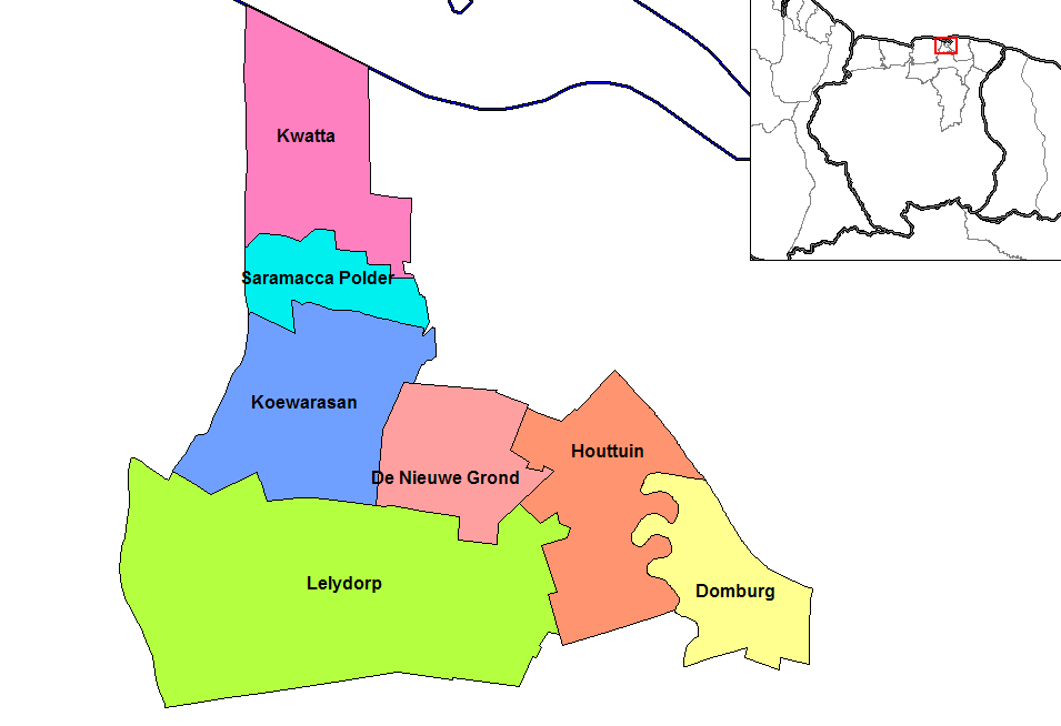 Map of the resorts of the Wanica district in Suriname. Created …