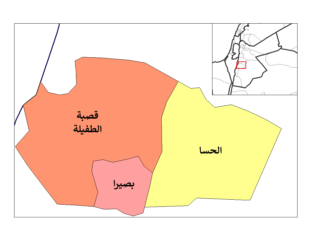 Map of the nahias of Tafilah governorate in Jordan.