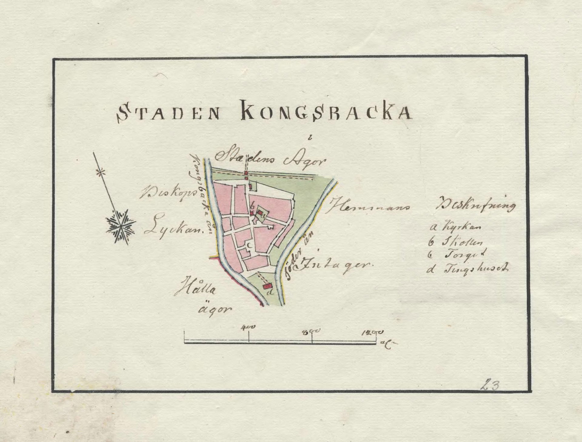 Hand drawn 18th century map of Kungsbacka, Sweden