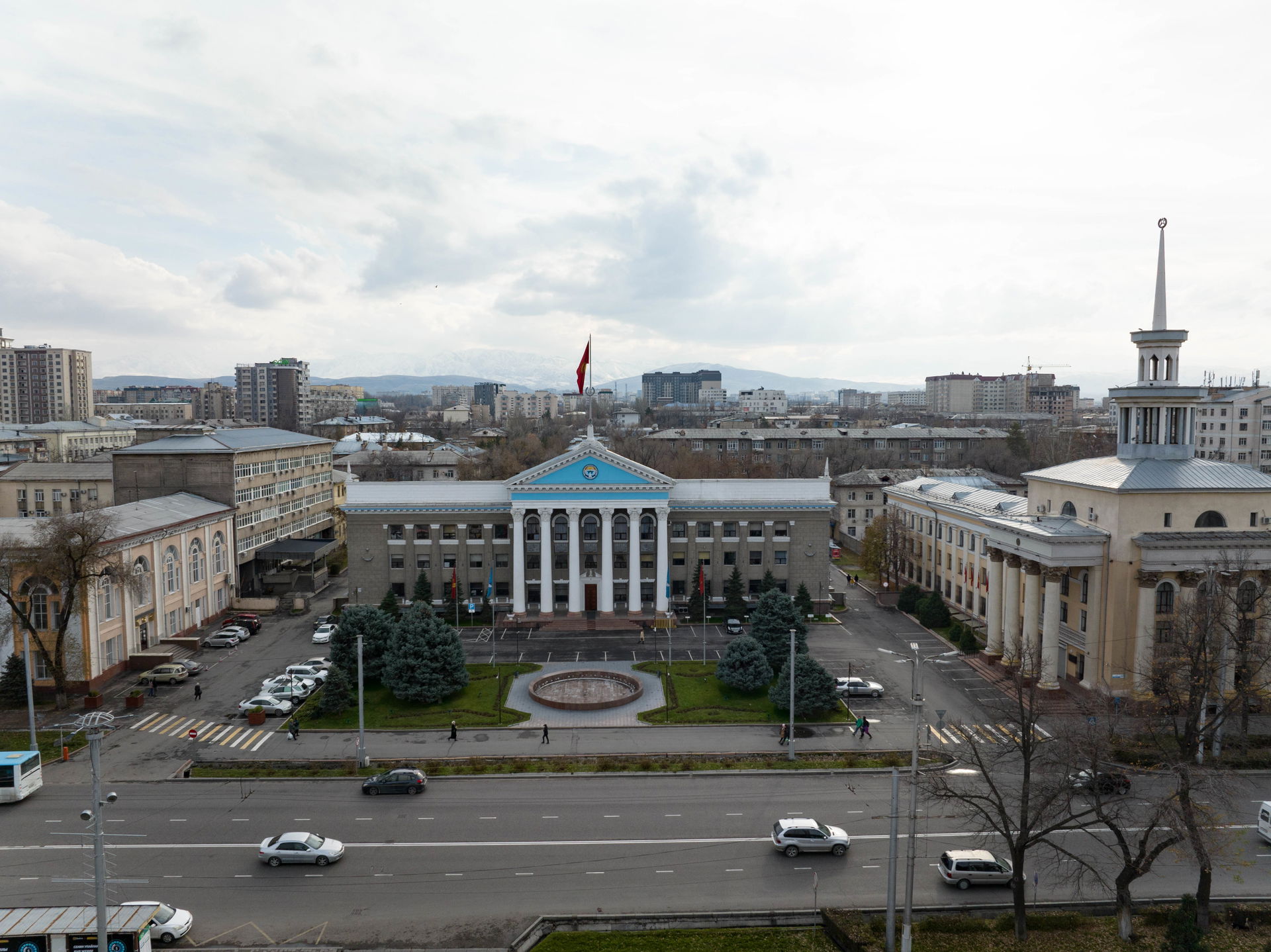 Bishkek city hall photographed from above. Bishkek, Kyrgyzstan.