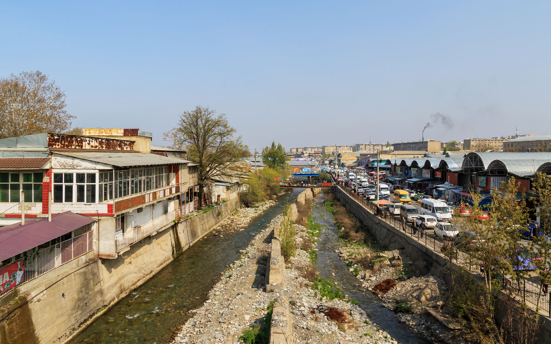 Ak-Buura River (with the market at the right) in Osh, Kyrgyzstan