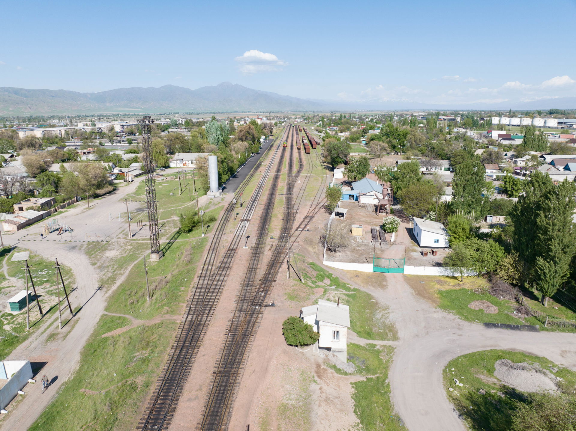 Tokmok railway station photographed from above. Chuy province, …
