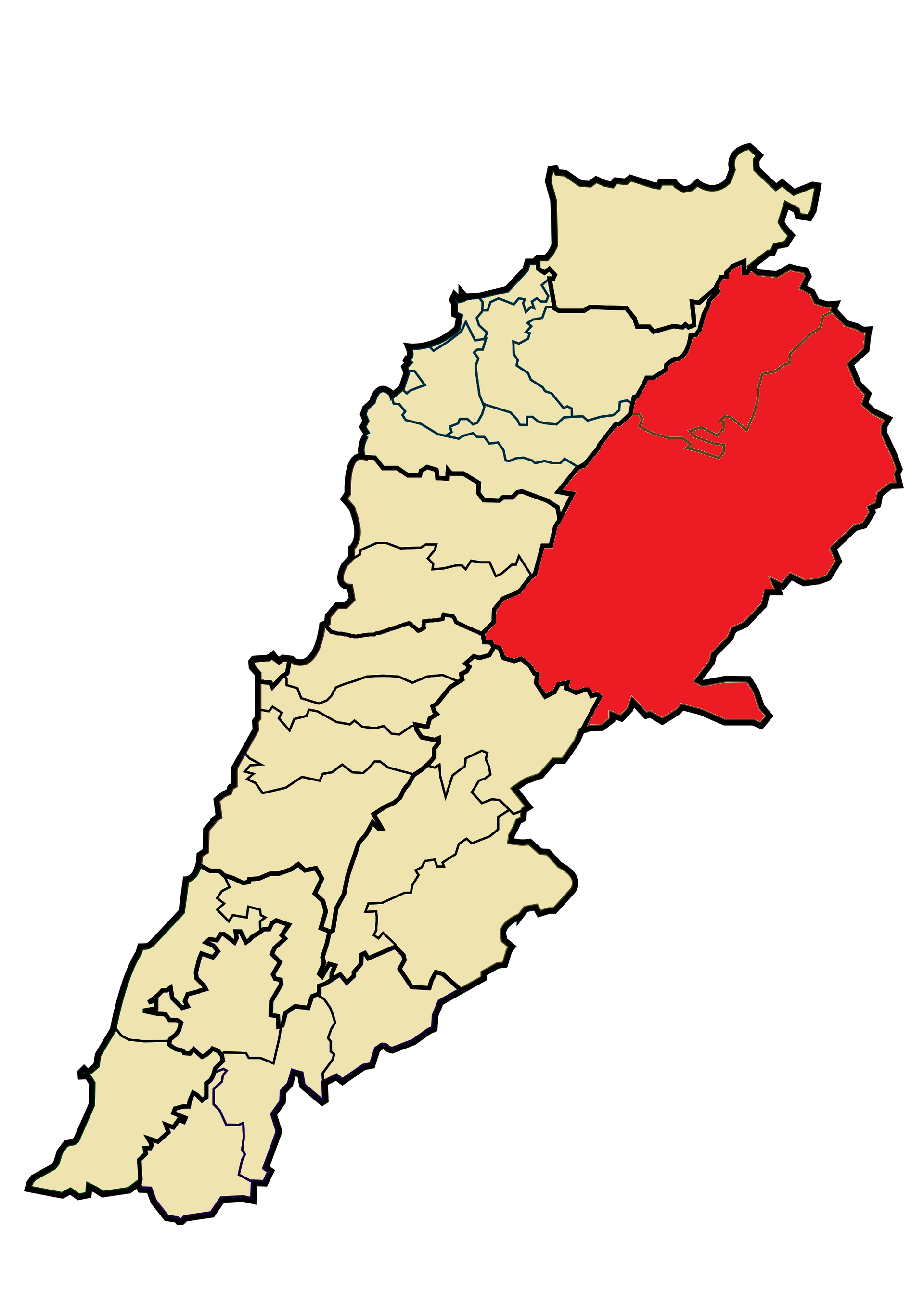 ケセルワン＝ジュベイル県分離後のアッカール県（Baalbek-Hermel）の地図