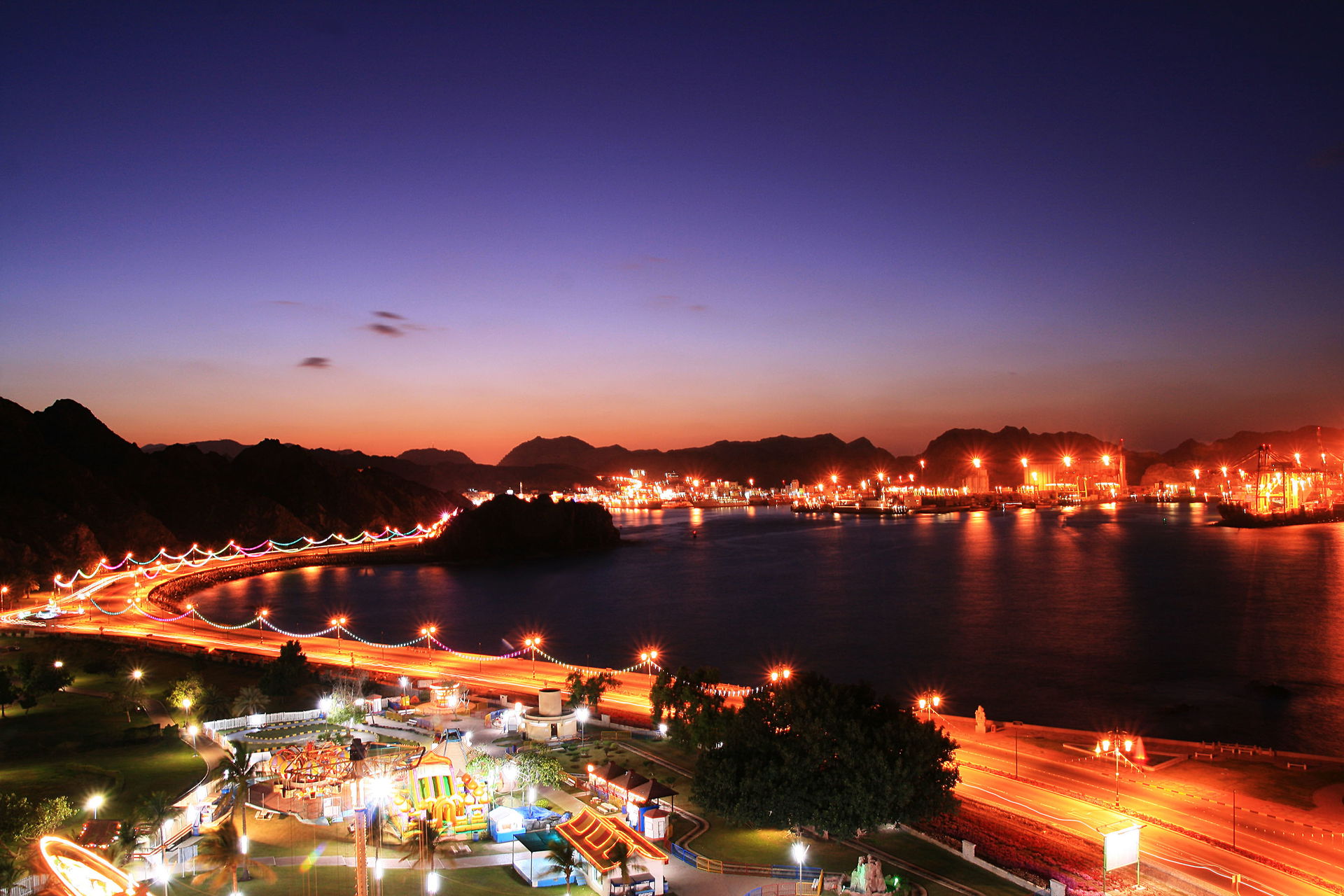 Muttrah Corniche in Muscat, Oman at night