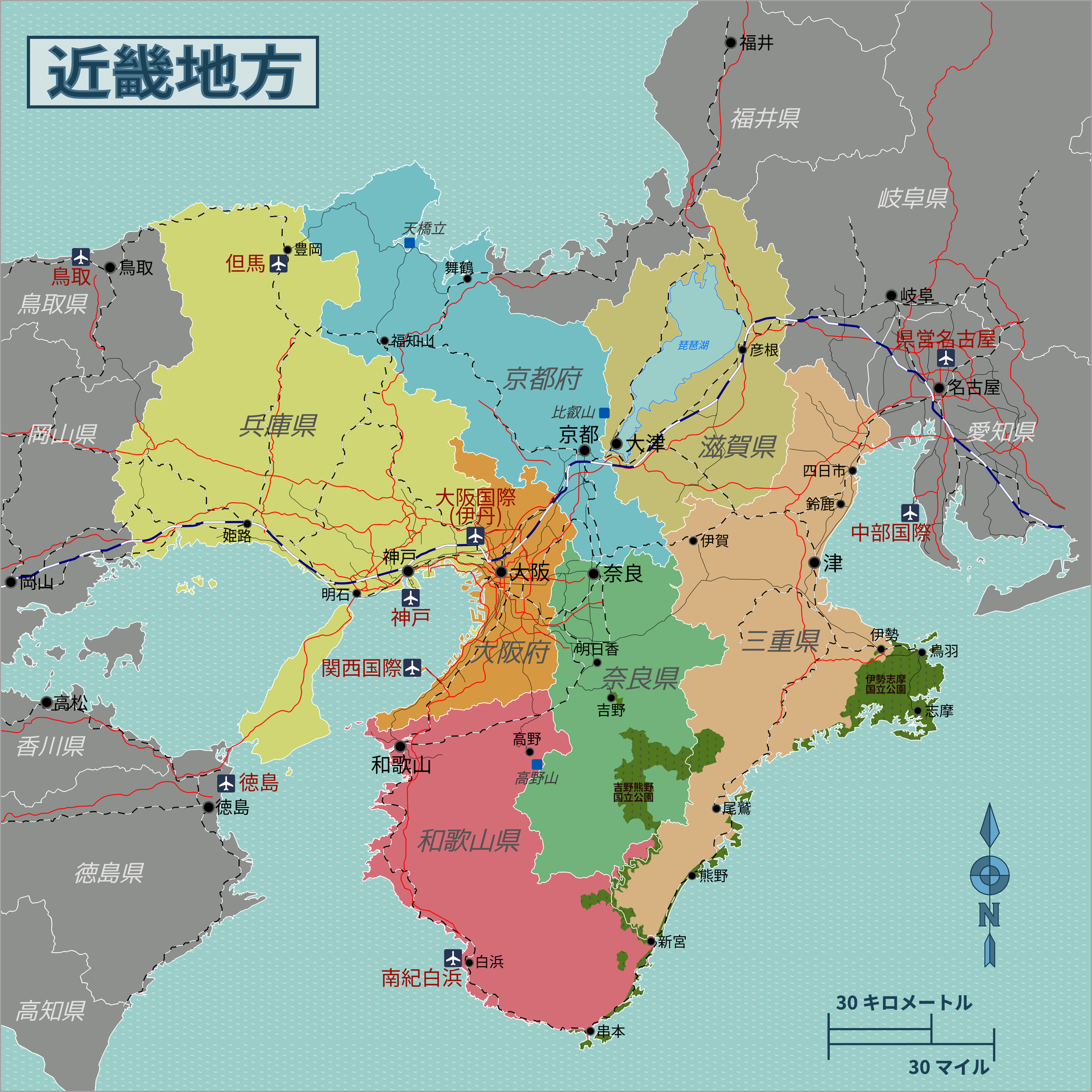 File:Japan Kansai Map.svgを翻訳しPNG形式に変換した近畿地方の地図。